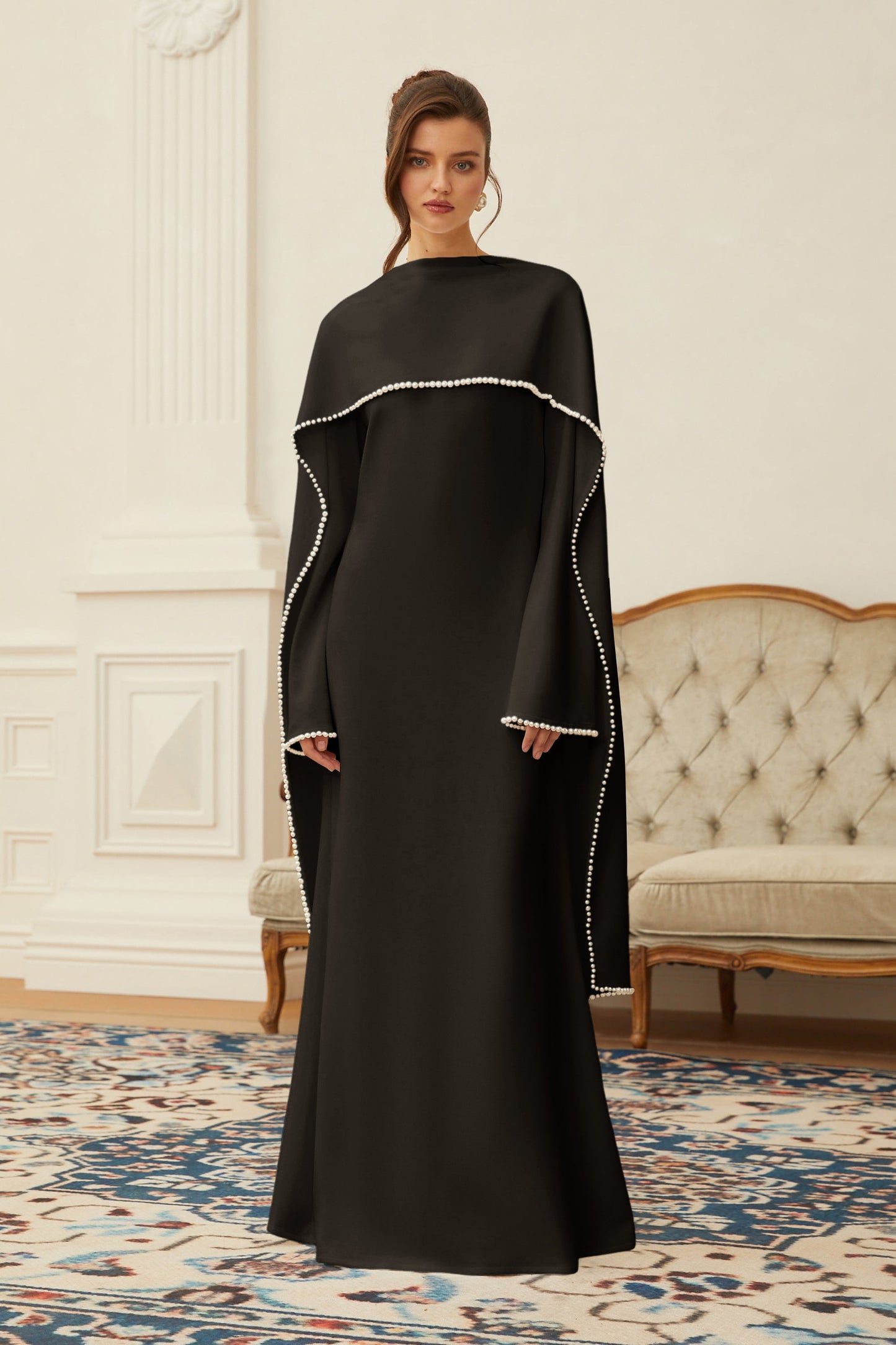 Piroska Mavi İnci Şal Detaylı Uzun Elbise