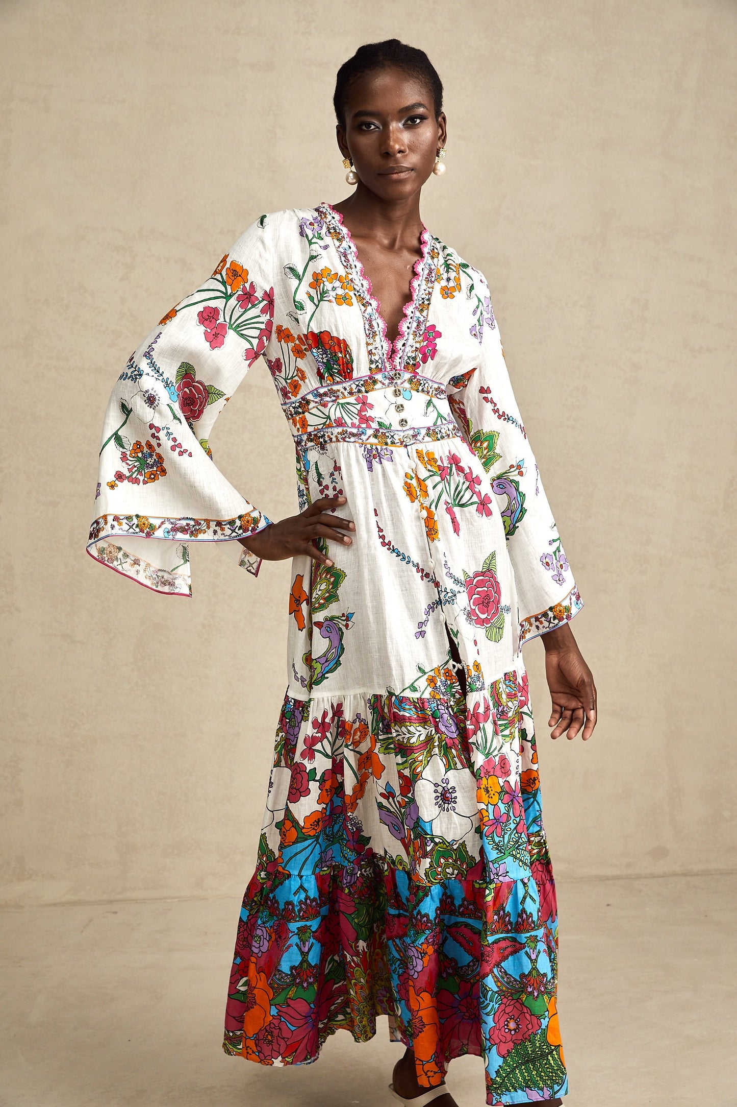 Hélène İpek Çiçek Desenli V Yaka Midi Elbise