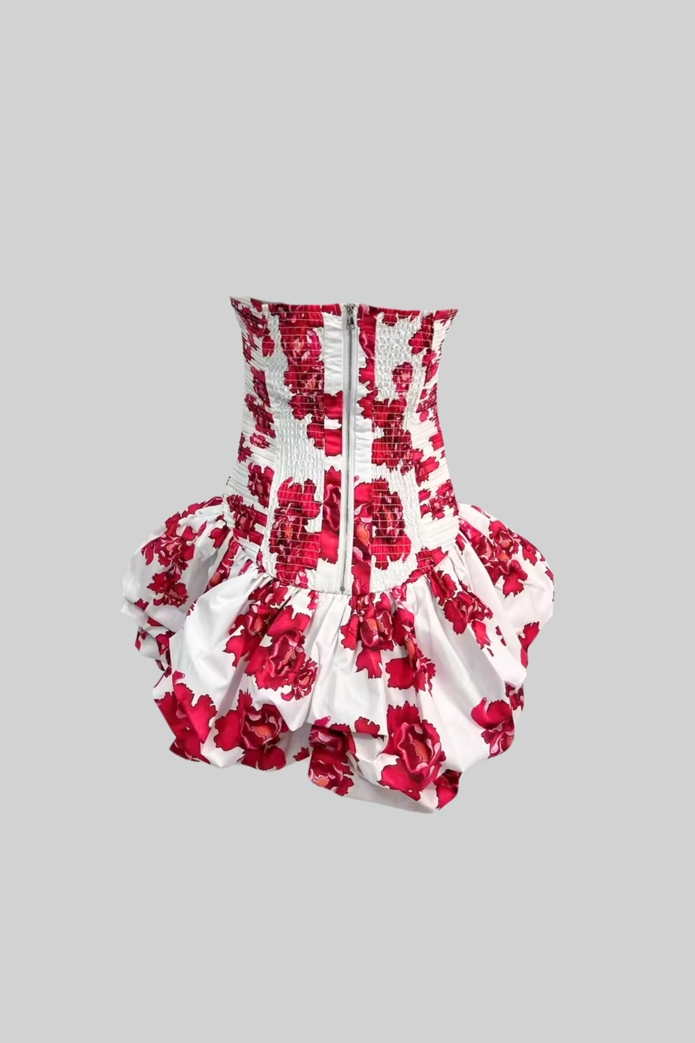 Büzgülü Korse ve Hacimli Balon Etek Ucuna Sahip Mini Elbise - Beyaz/Kırmızı