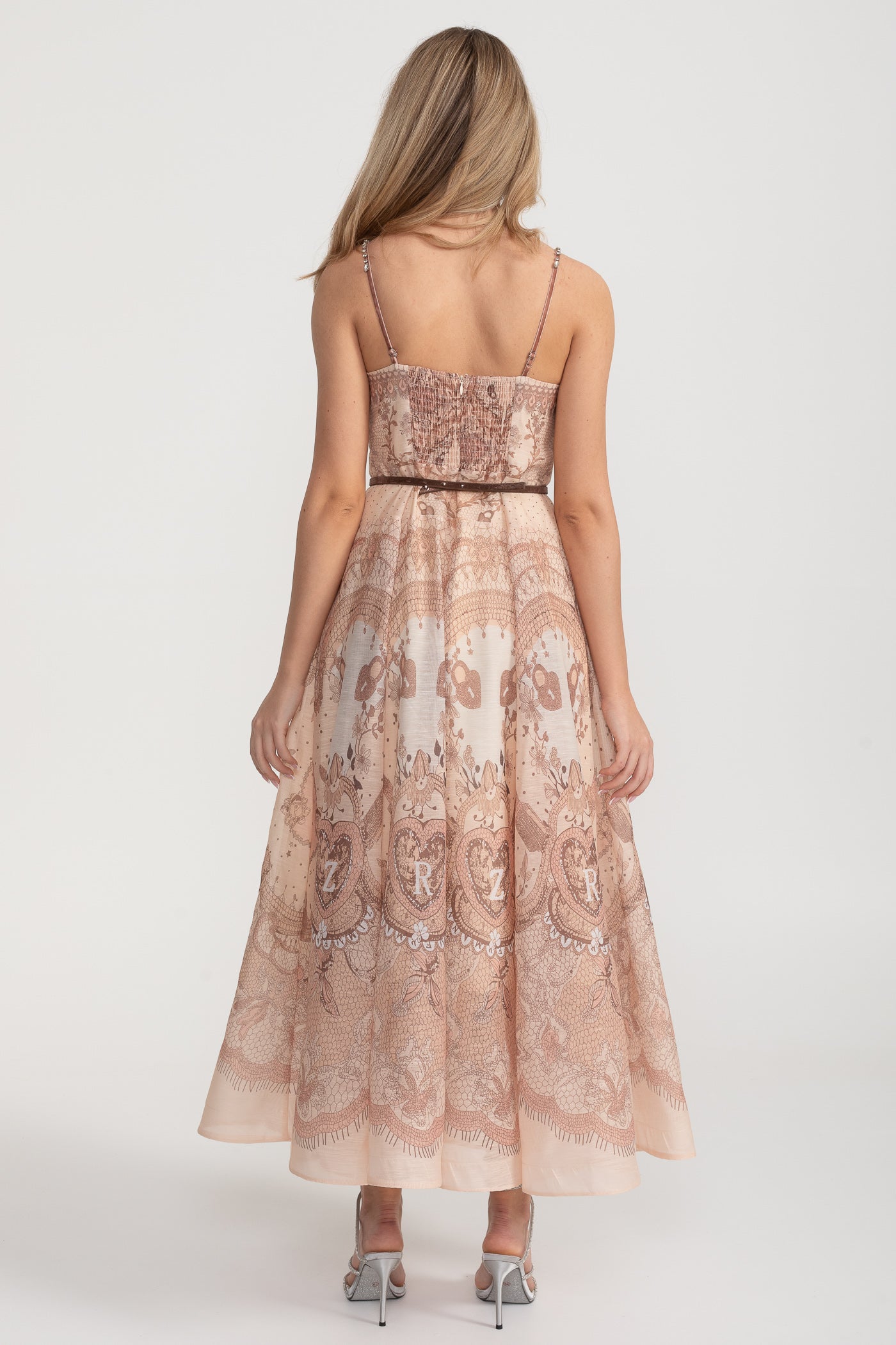 Baskılı Kesik Korse Uzun Elbise Siyah Bel Bantlı - Kahverengi