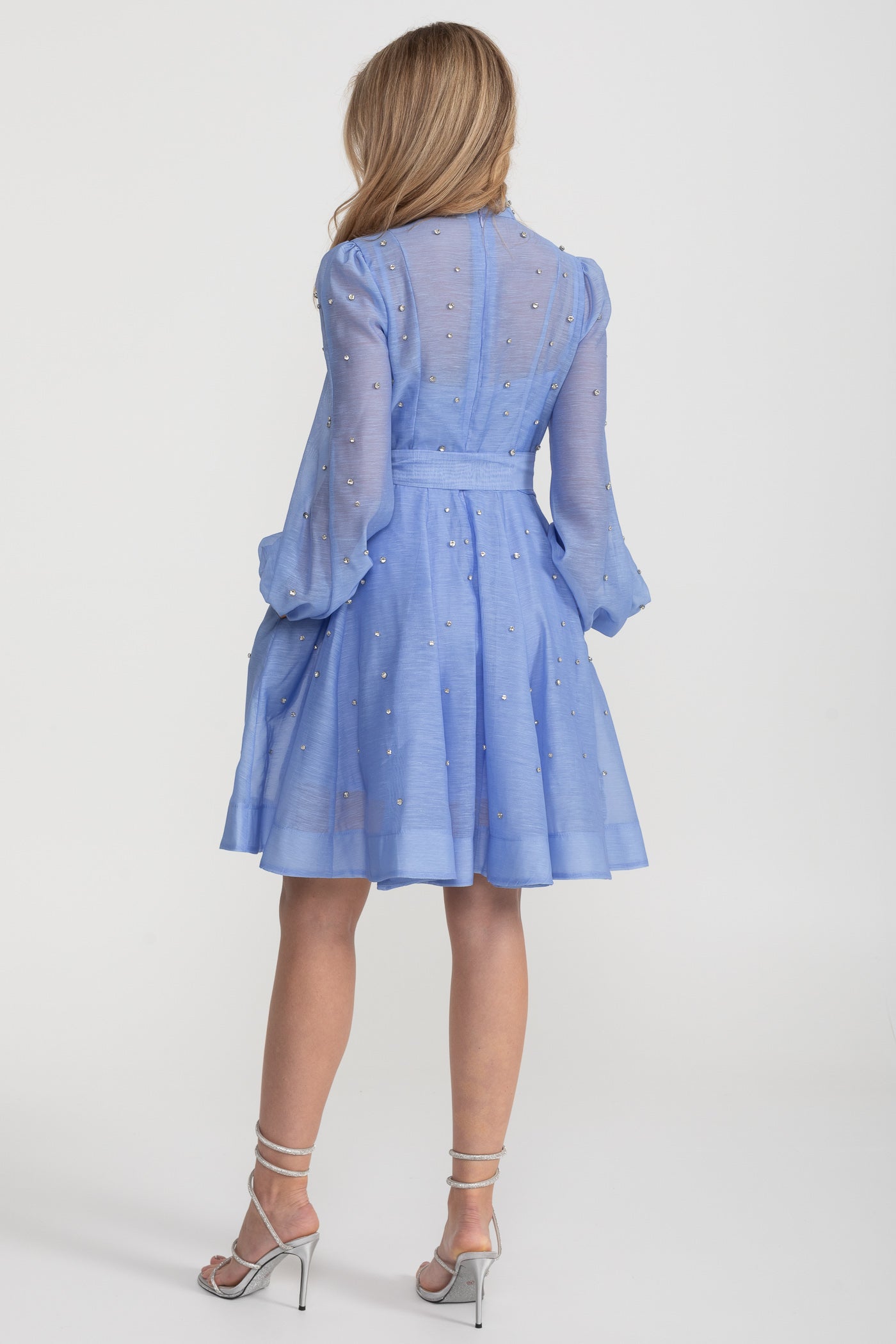 Kristal Süslemeli Uzun Kollu Mini Elbise - Mavi