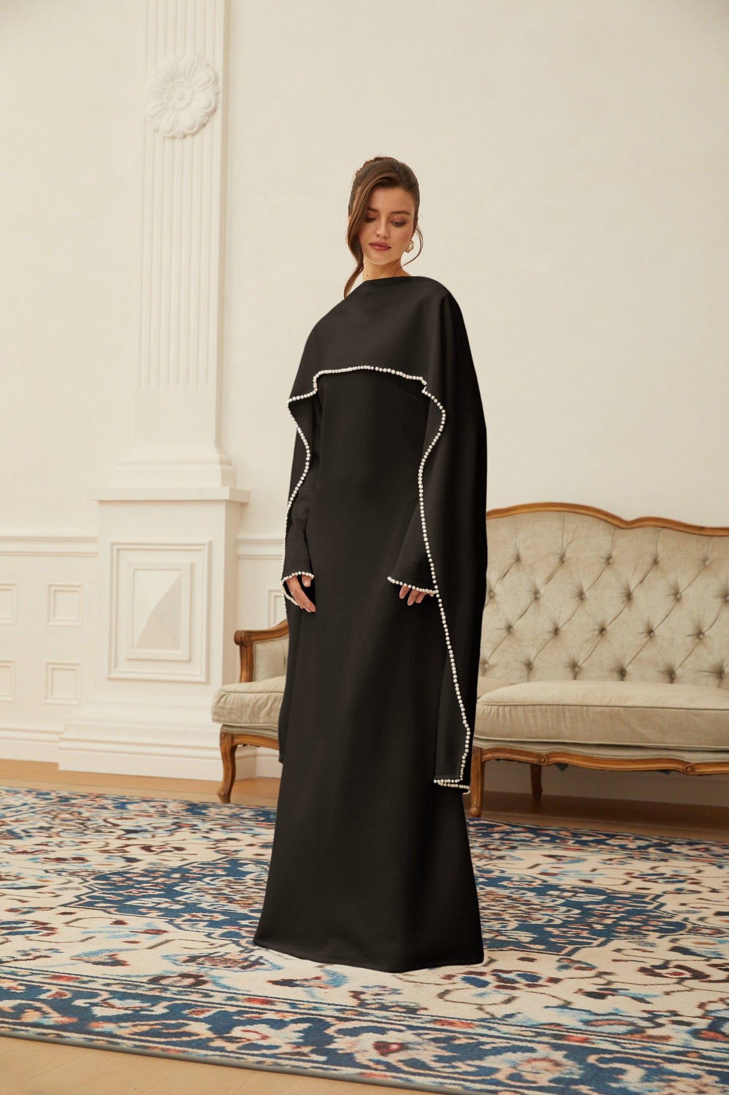 Piroska Siyah İnci Şal Detaylı Uzun Elbise