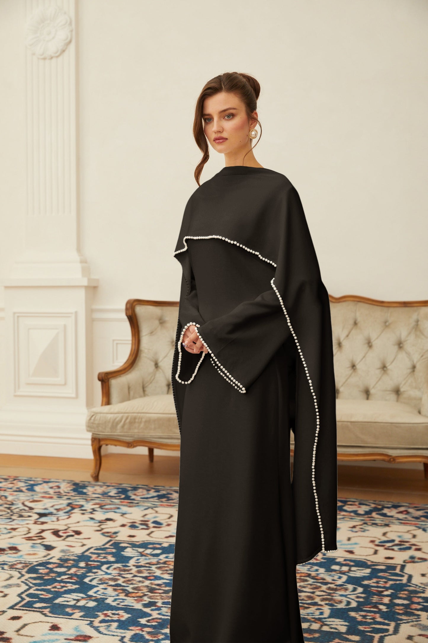 Piroska Siyah İnci Şal Detaylı Uzun Elbise