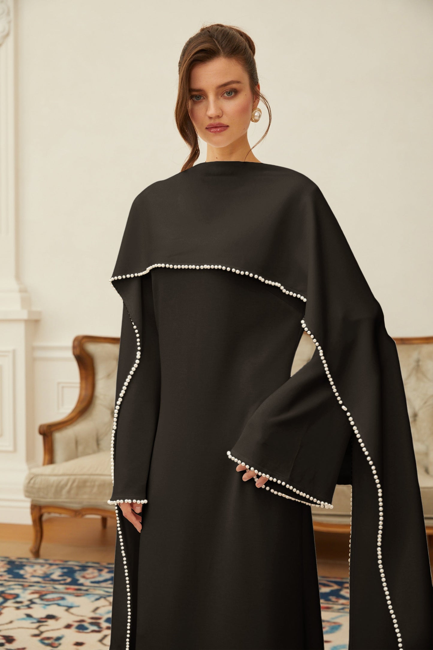 Piroska Siyah İnci Şal Detaylı Uzun Elbise