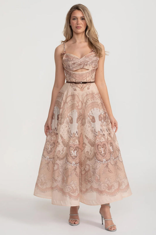 Baskılı Kesik Korse Uzun Elbise Siyah Bel Bantlı - Kahverengi