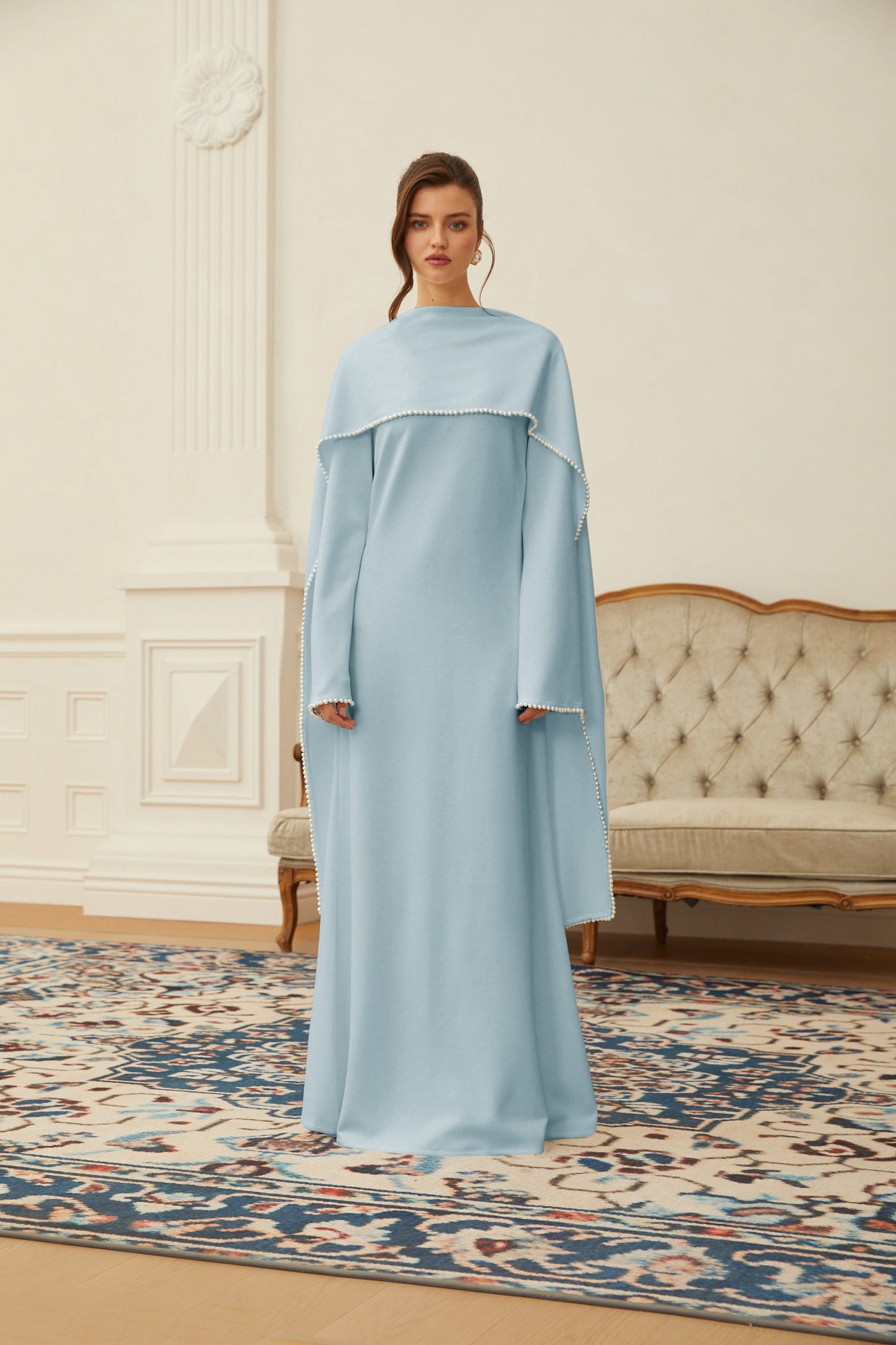 Piroska Mavi İnci Şal Detaylı Uzun Elbise