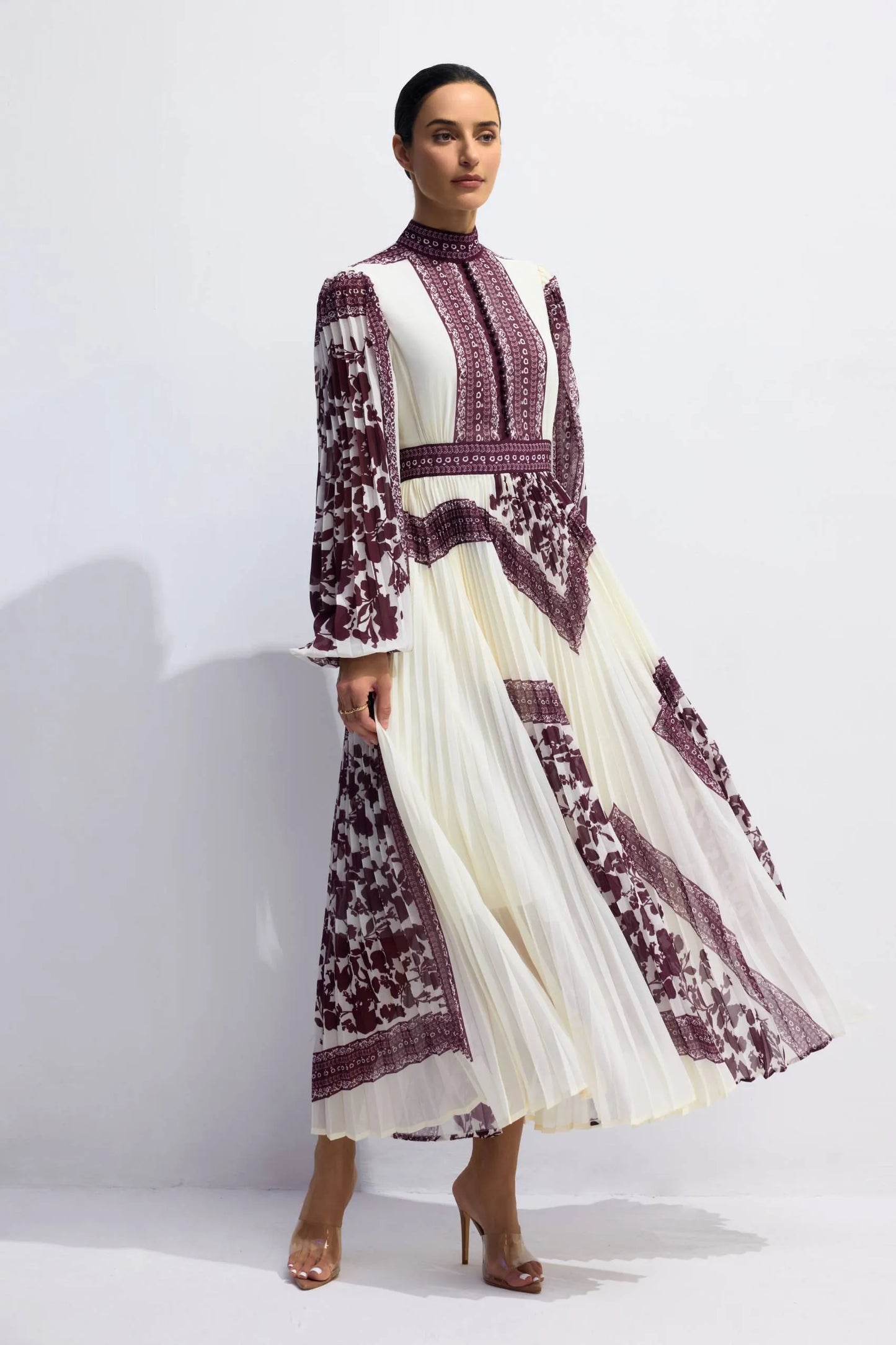 Melvina çiçek desenli pileli maksi elbise