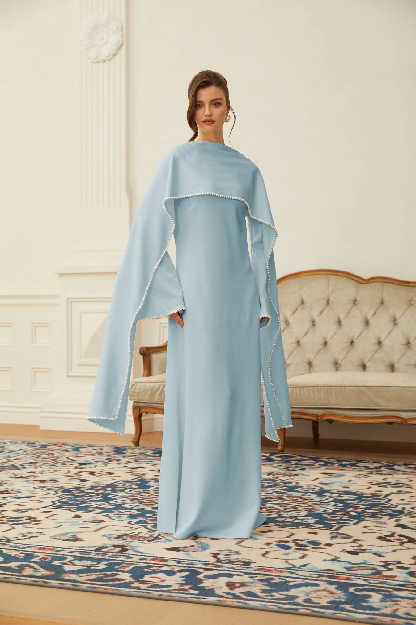 Piroska Siyah İnci Şal Detaylı Uzun Elbise