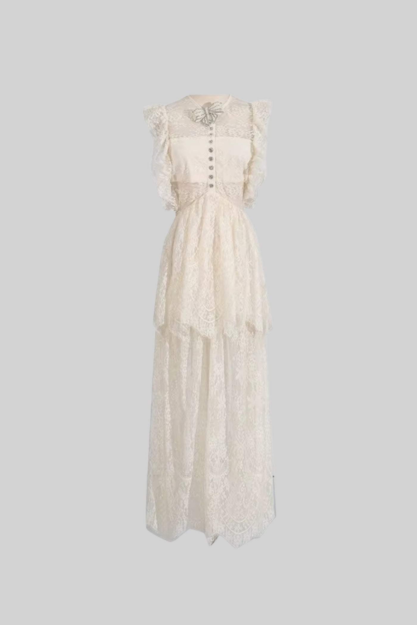 Alley Fırfırlı Dantelli Şeffaf Elbise - Fildişi