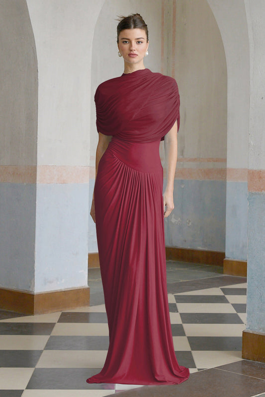 Arina Asimetrik Pileli Maksi Elbise Bordo