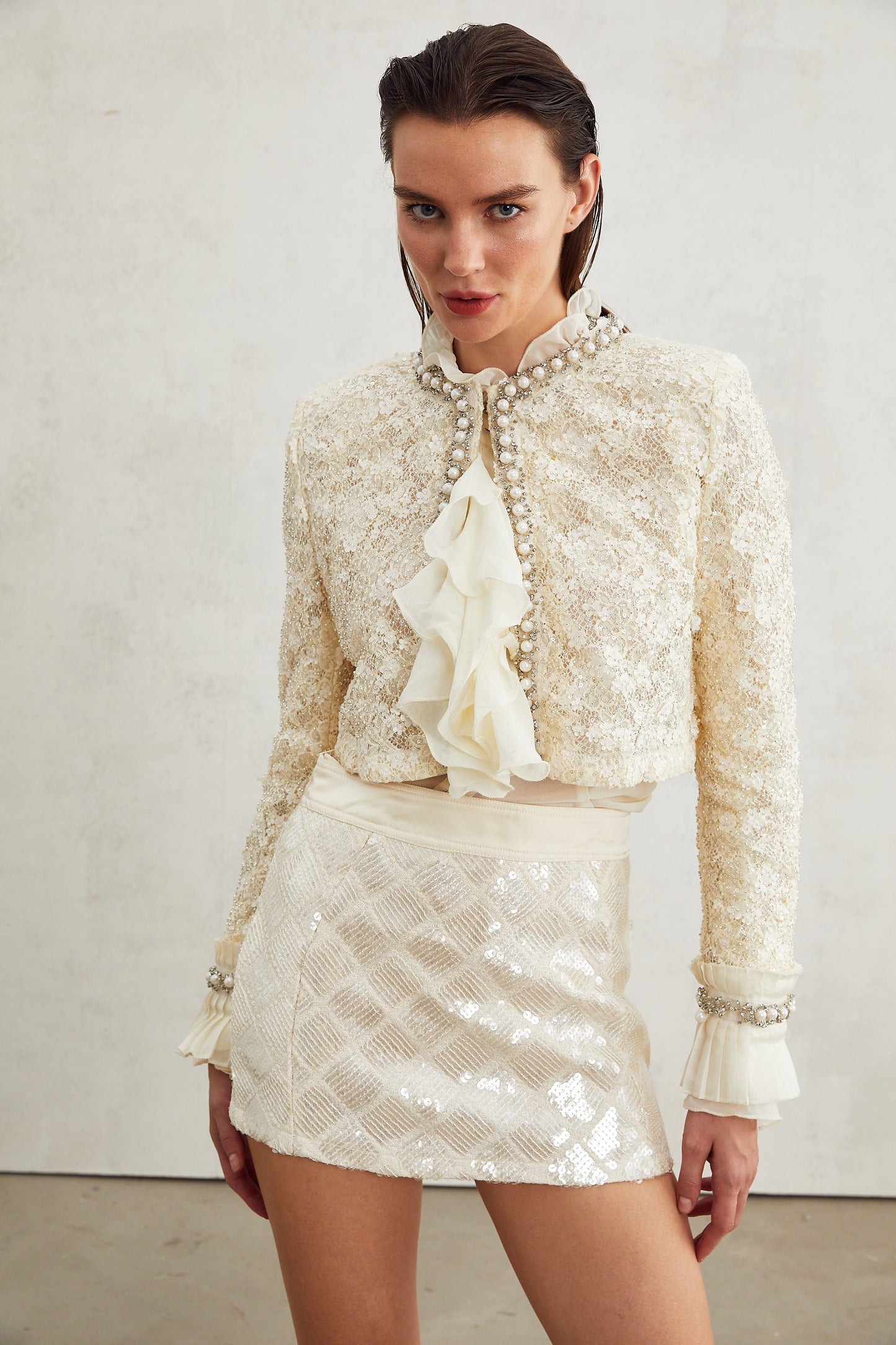 Madeleine çiçekli sahte inci süslemeli ceket