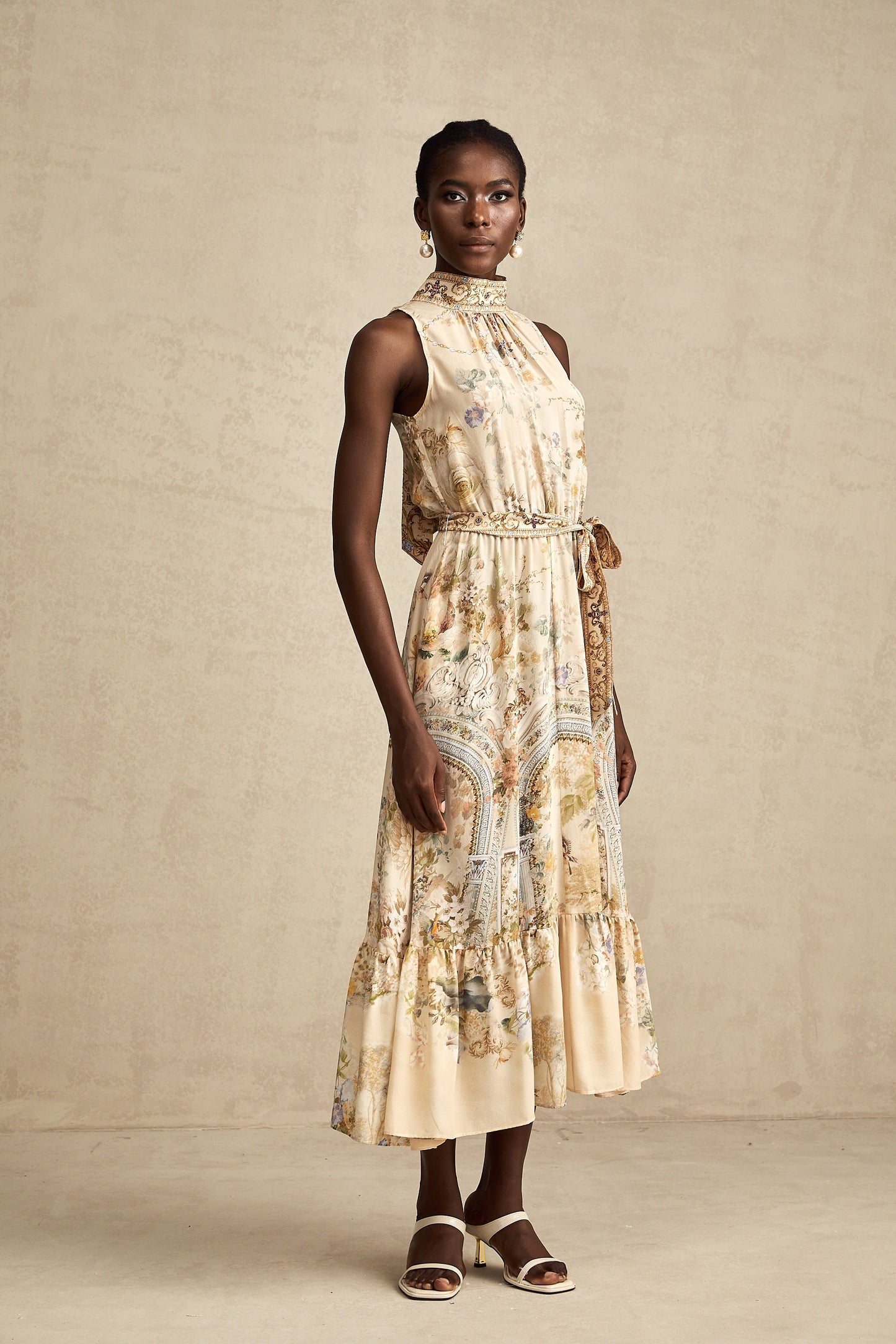 İpek Hermine Grafik Desenli Kolsuz Midi Elbise