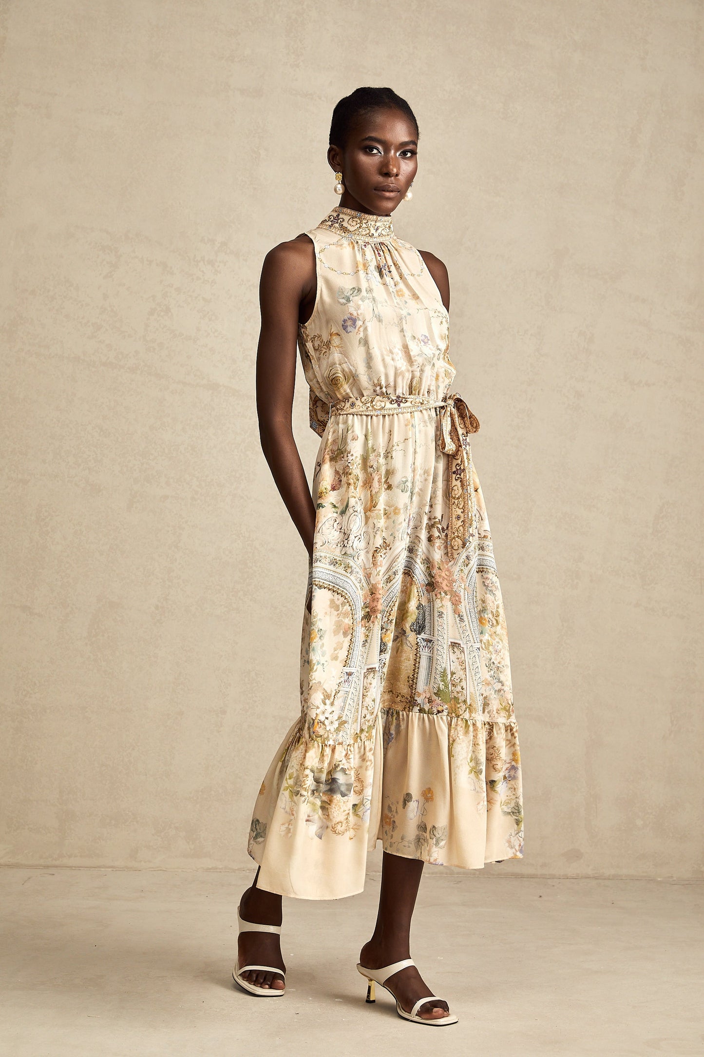 İpek Hermine Grafik Desenli Kolsuz Midi Elbise