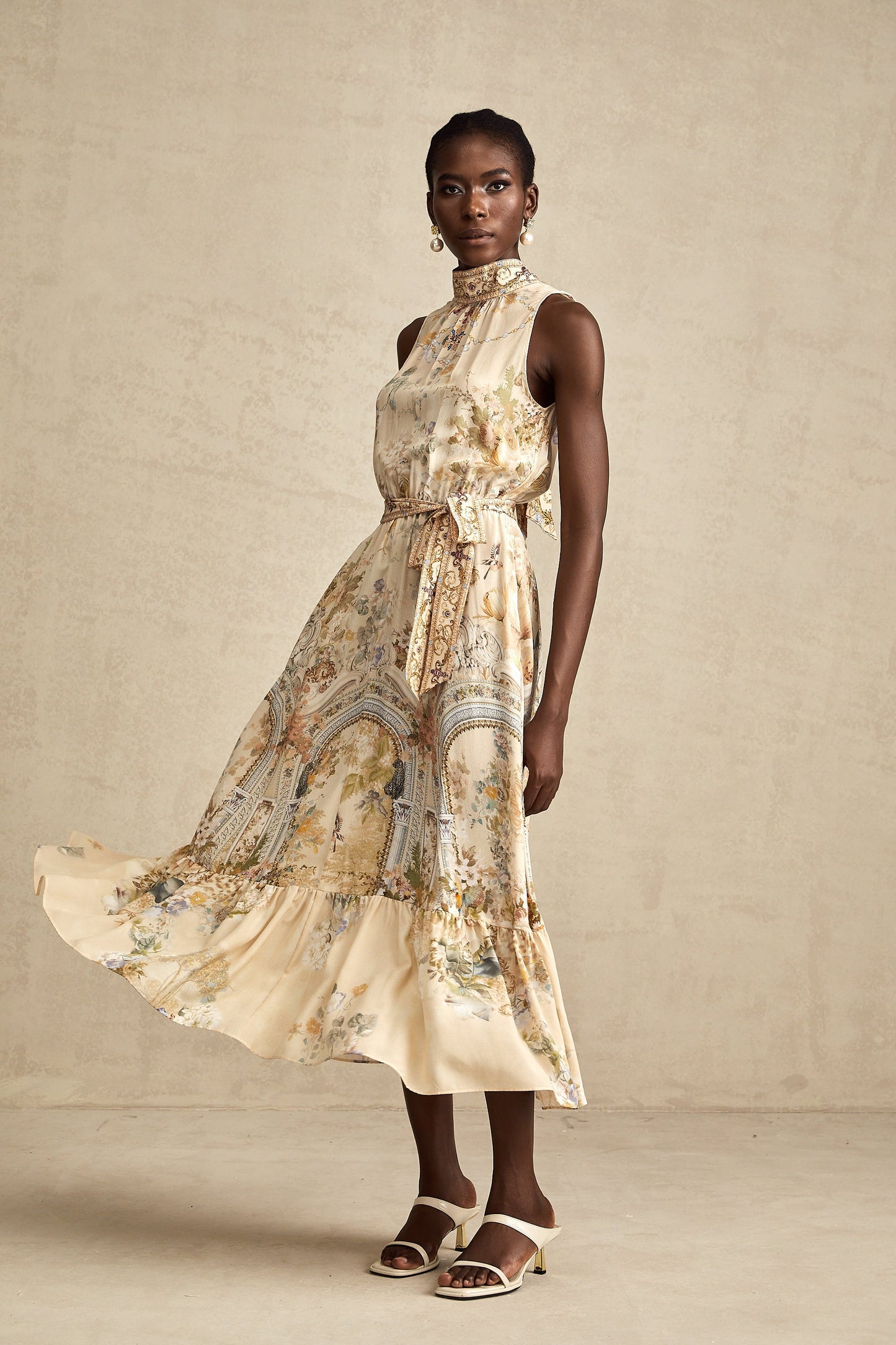 İpek Hermine Grafik Desenli Kolsuz Midi Elbise