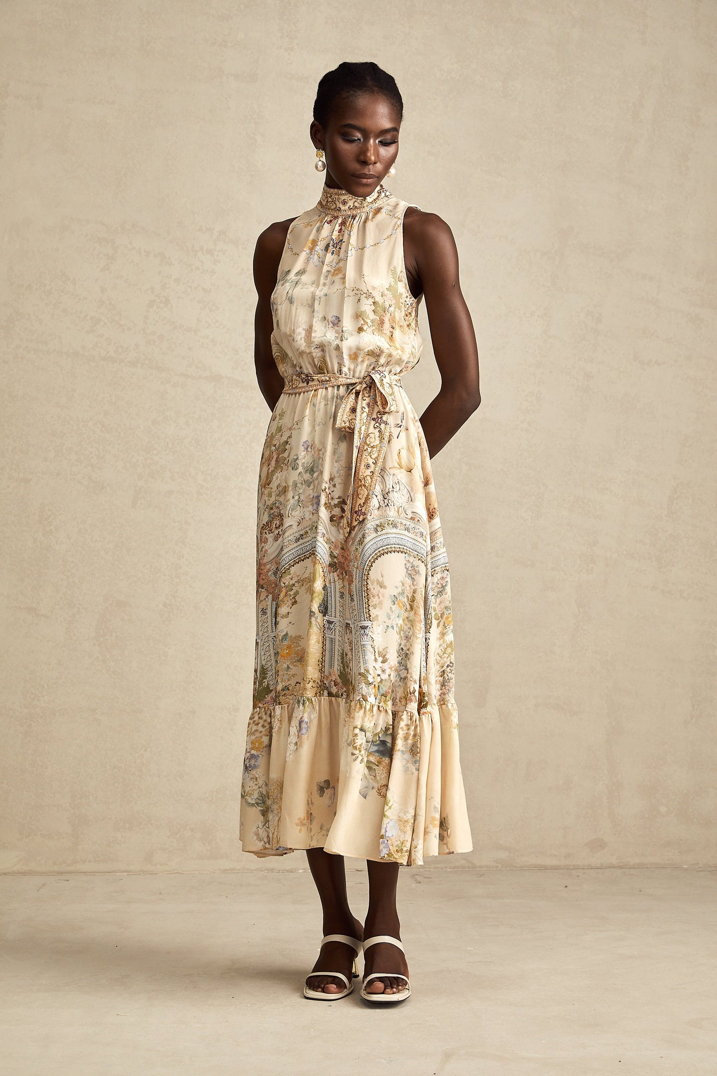 İpek Hermine Grafik Desenli Kolsuz Midi Elbise