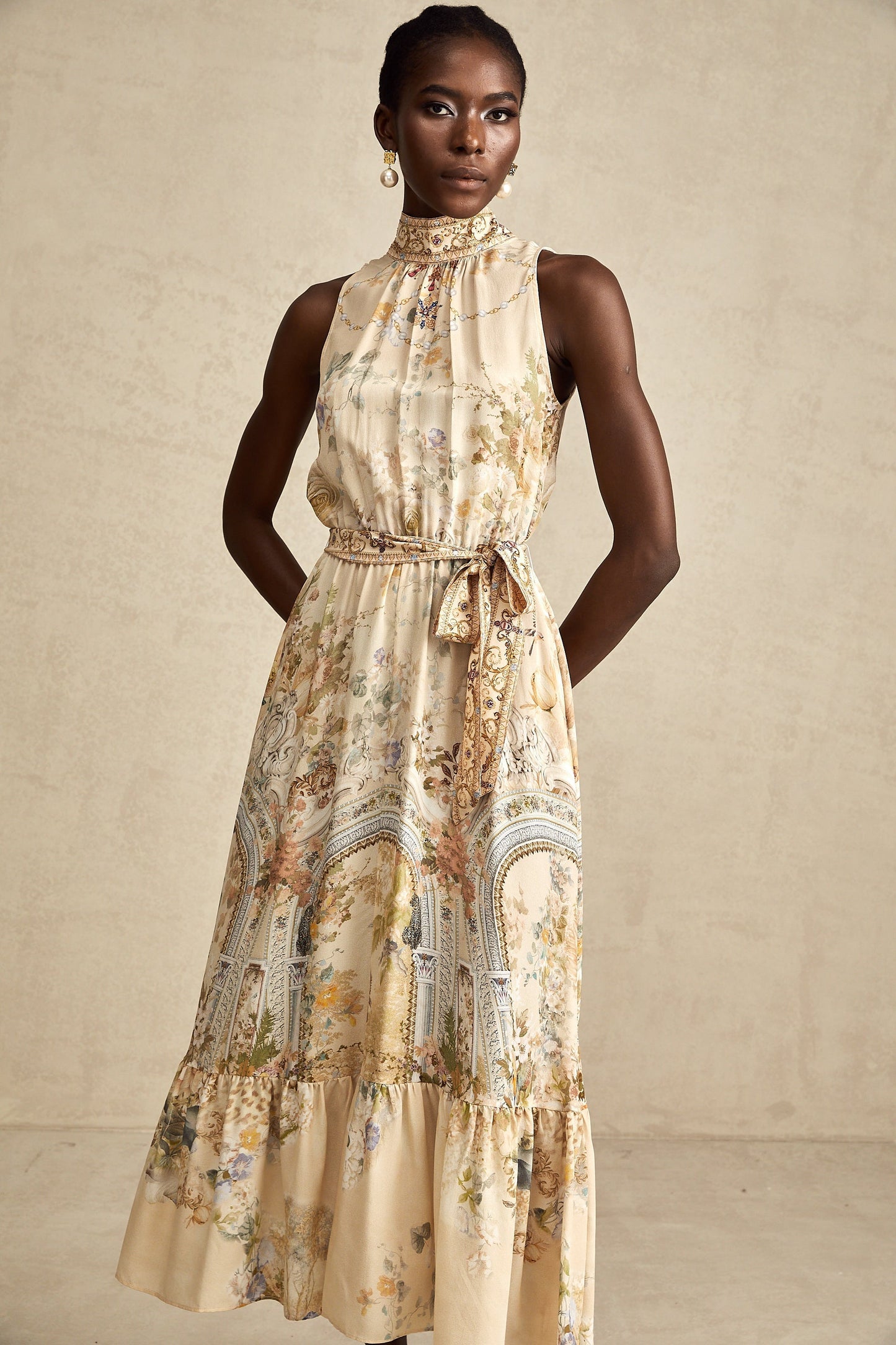 İpek Hermine Grafik Desenli Kolsuz Midi Elbise