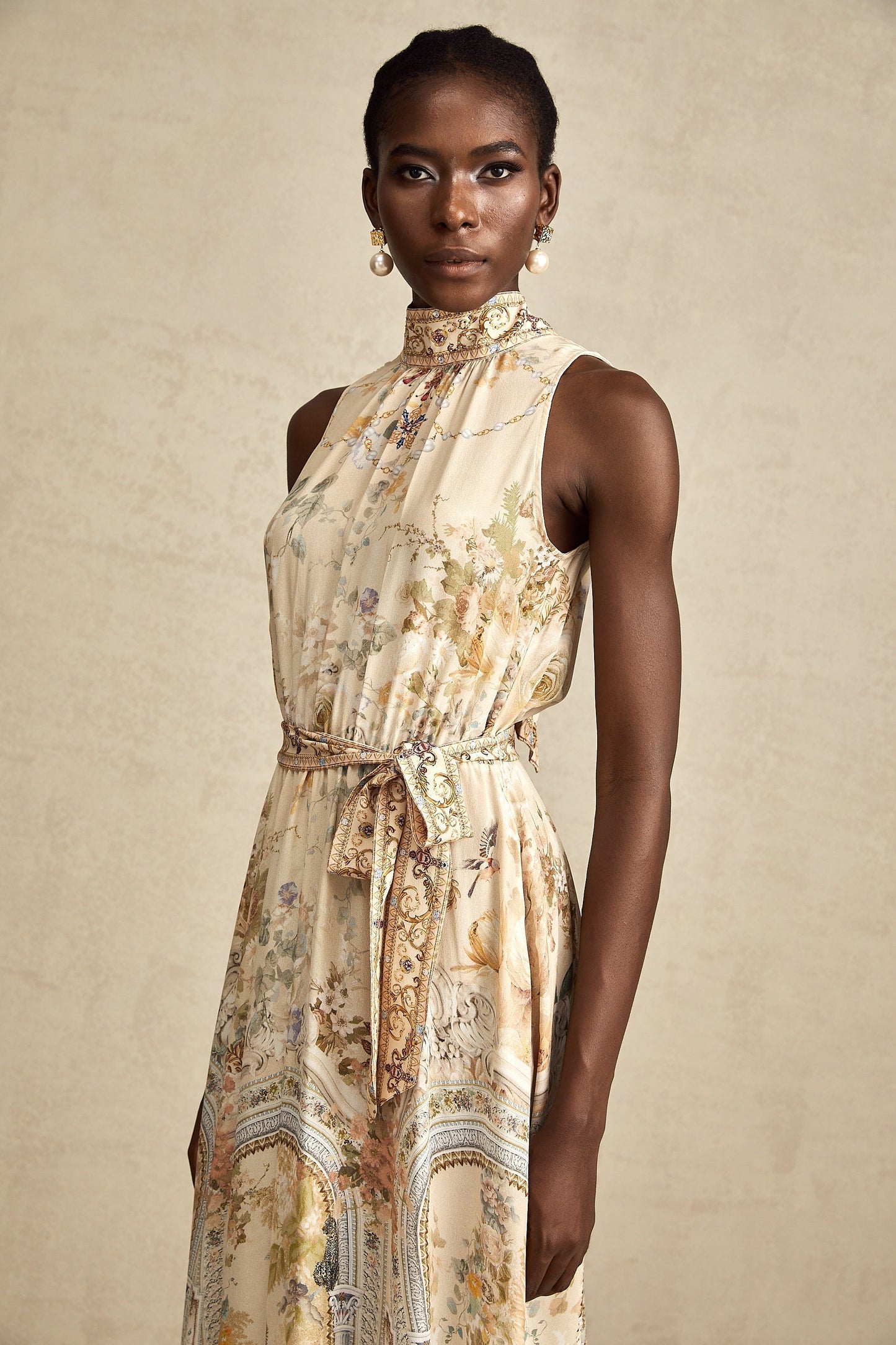 İpek Hermine Grafik Desenli Kolsuz Midi Elbise