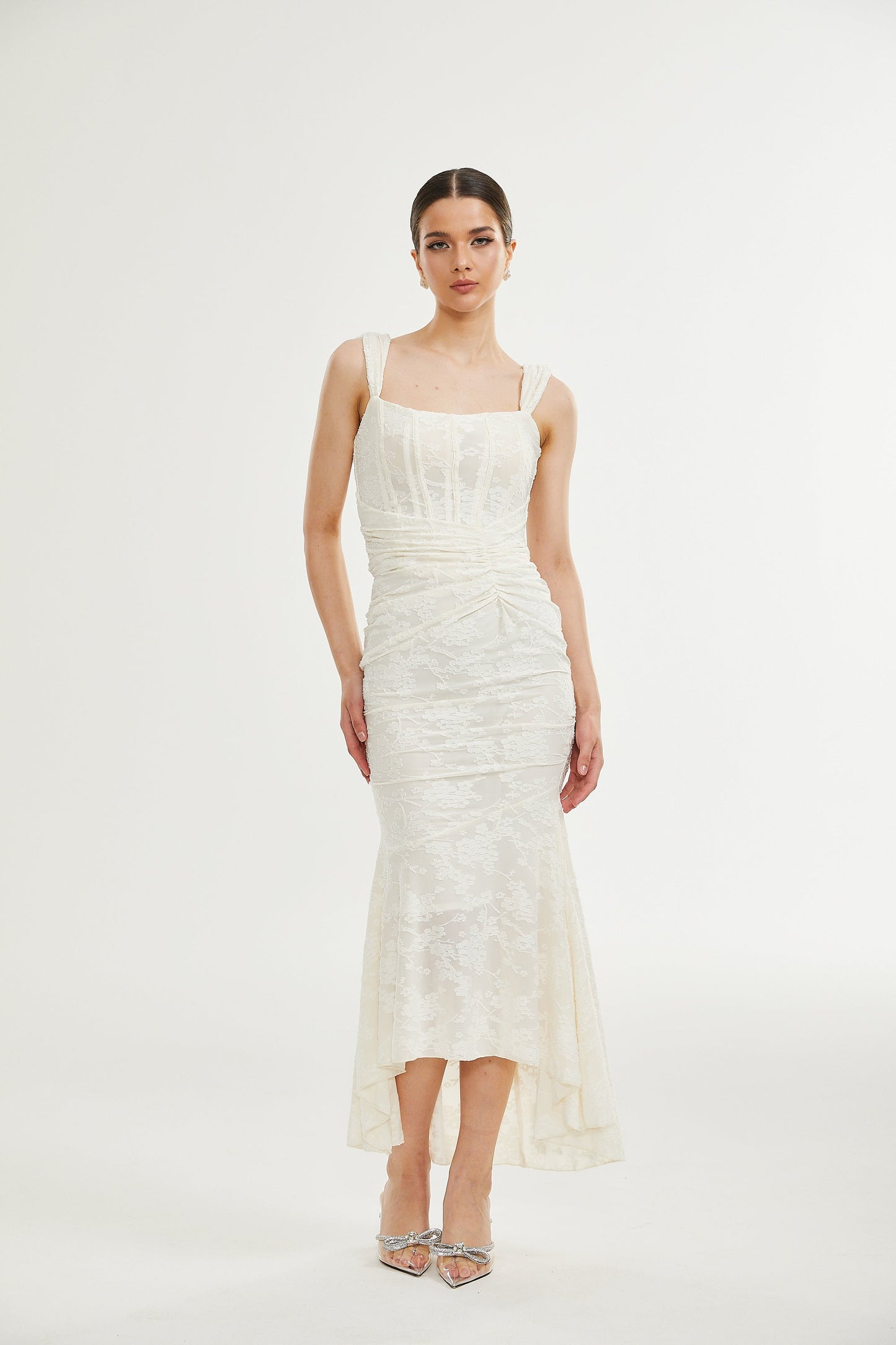 Charlotte çiçekli jakarlı maksi elbise