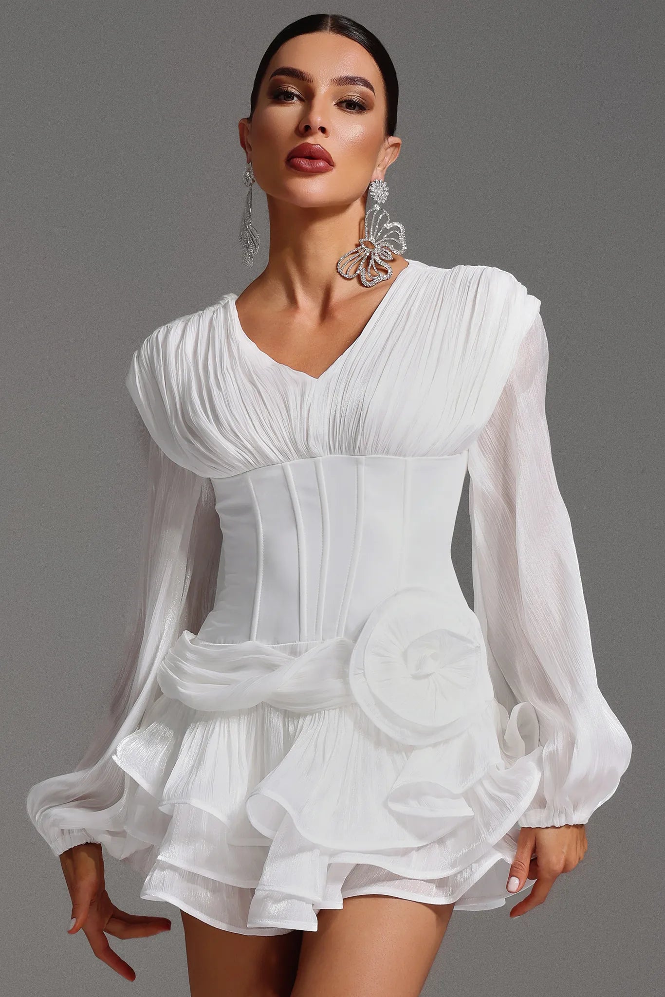 Bella  Beyaz tam pileli daralmış mini elbise