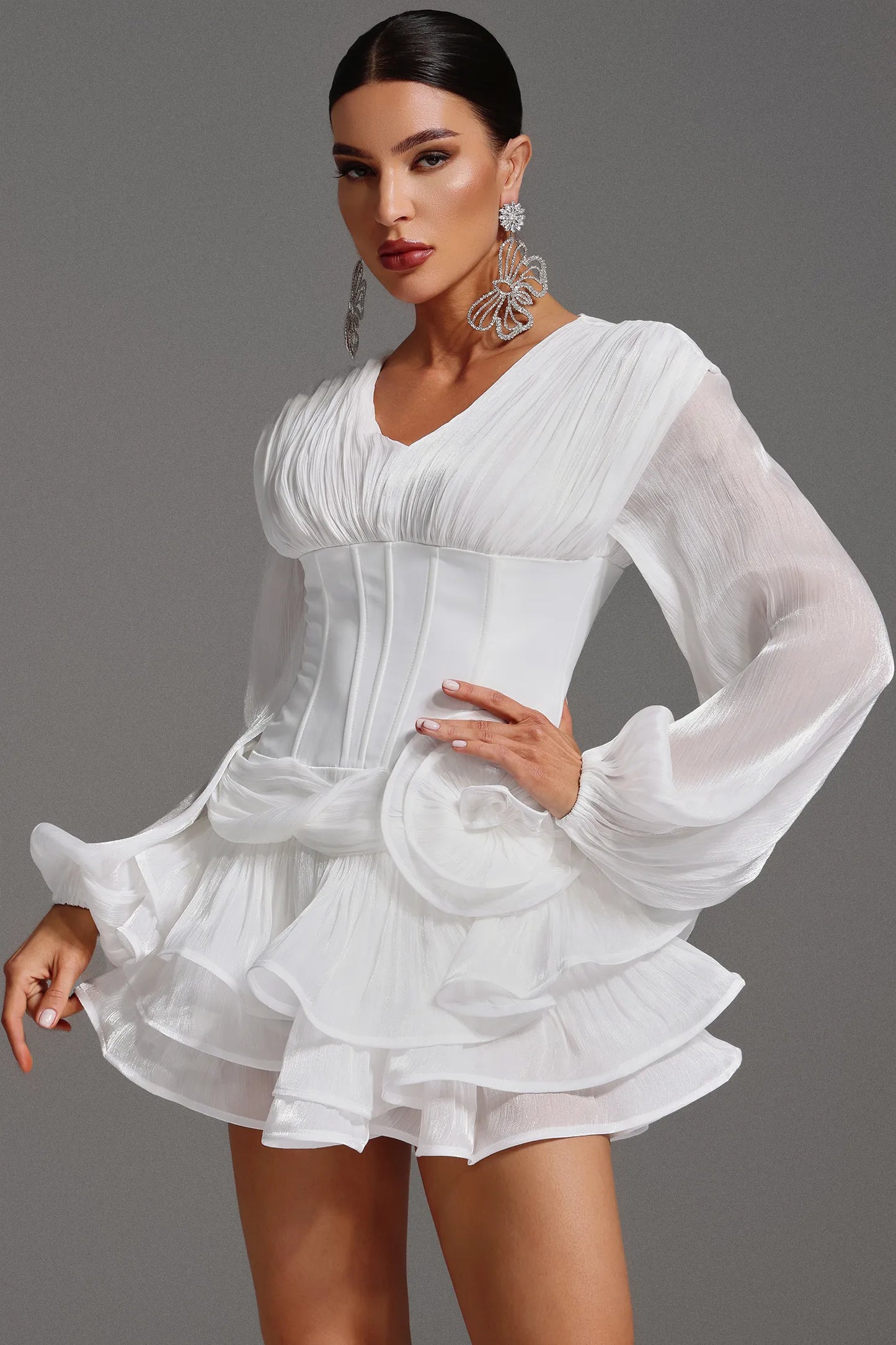 Bella  Beyaz tam pileli daralmış mini elbise