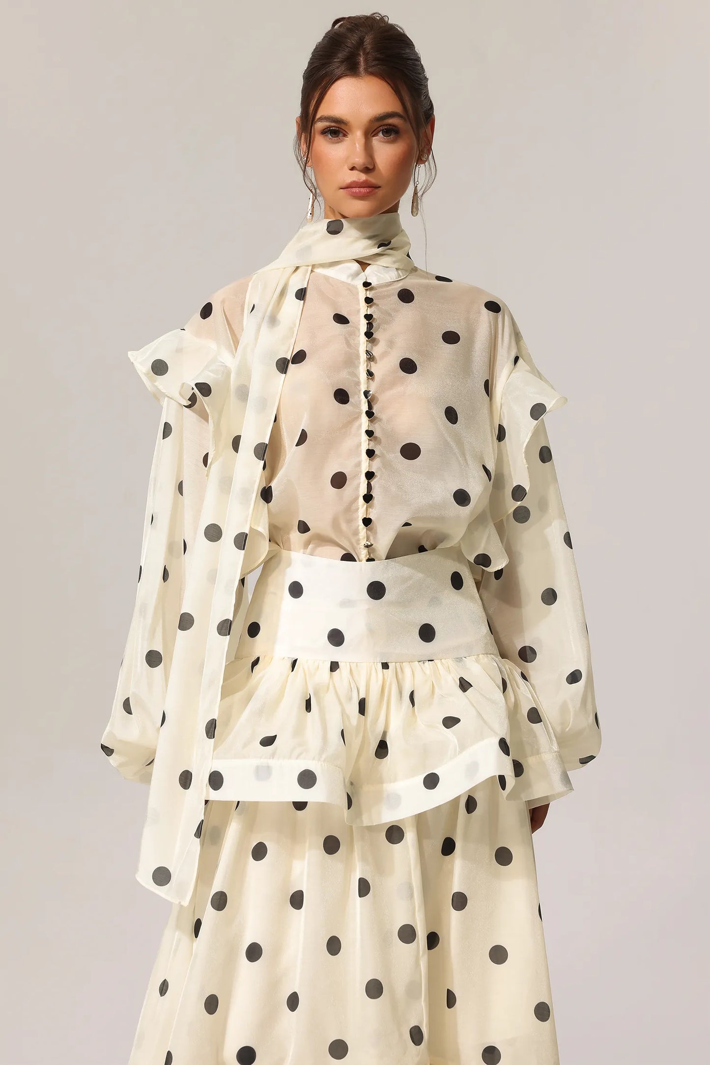 Rode Nokta Baskılı Katlı Uzun Kollu Üst ve Etek İki Parçalı Takım