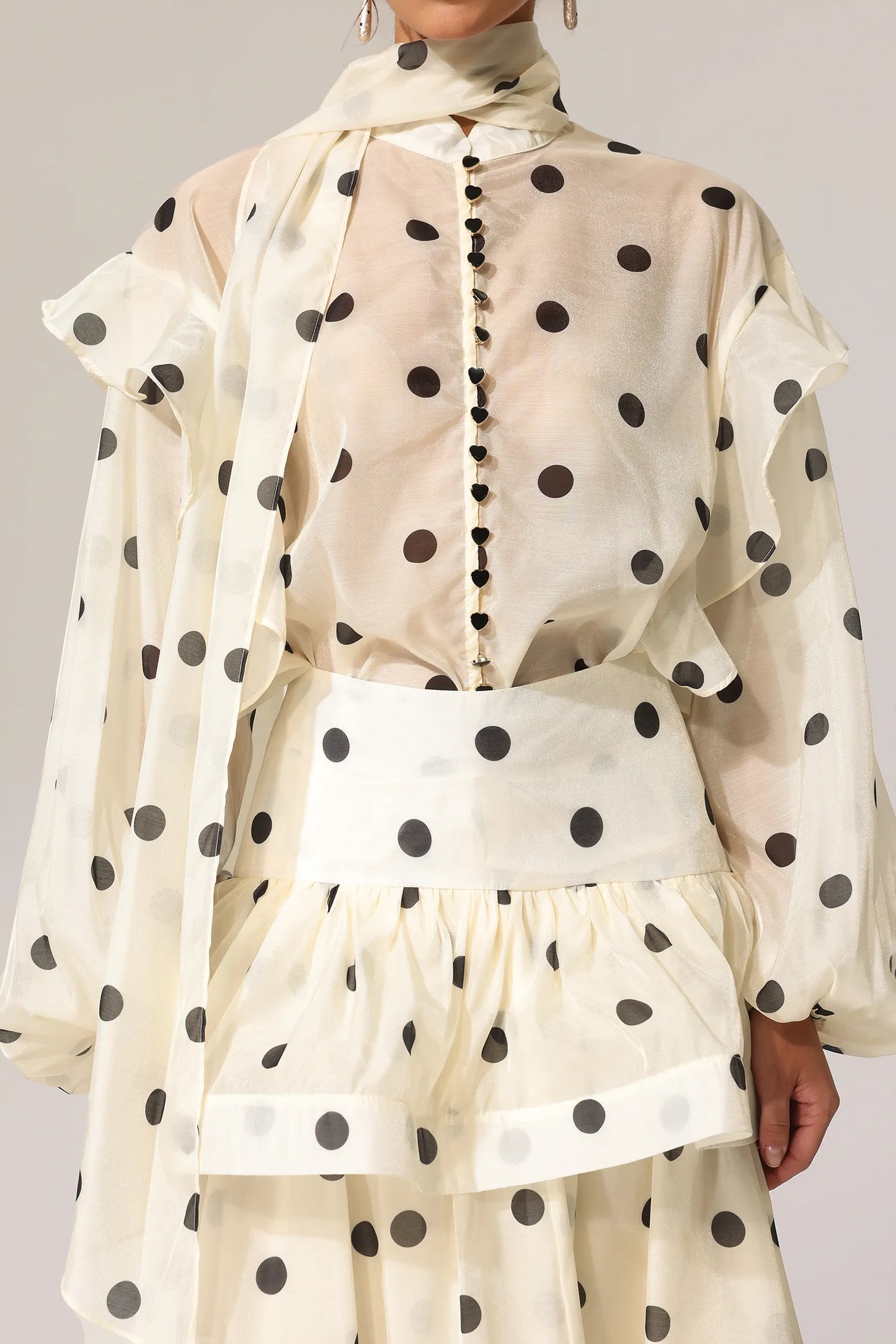 Rode Nokta Baskılı Katlı Uzun Kollu Üst ve Etek İki Parçalı Takım