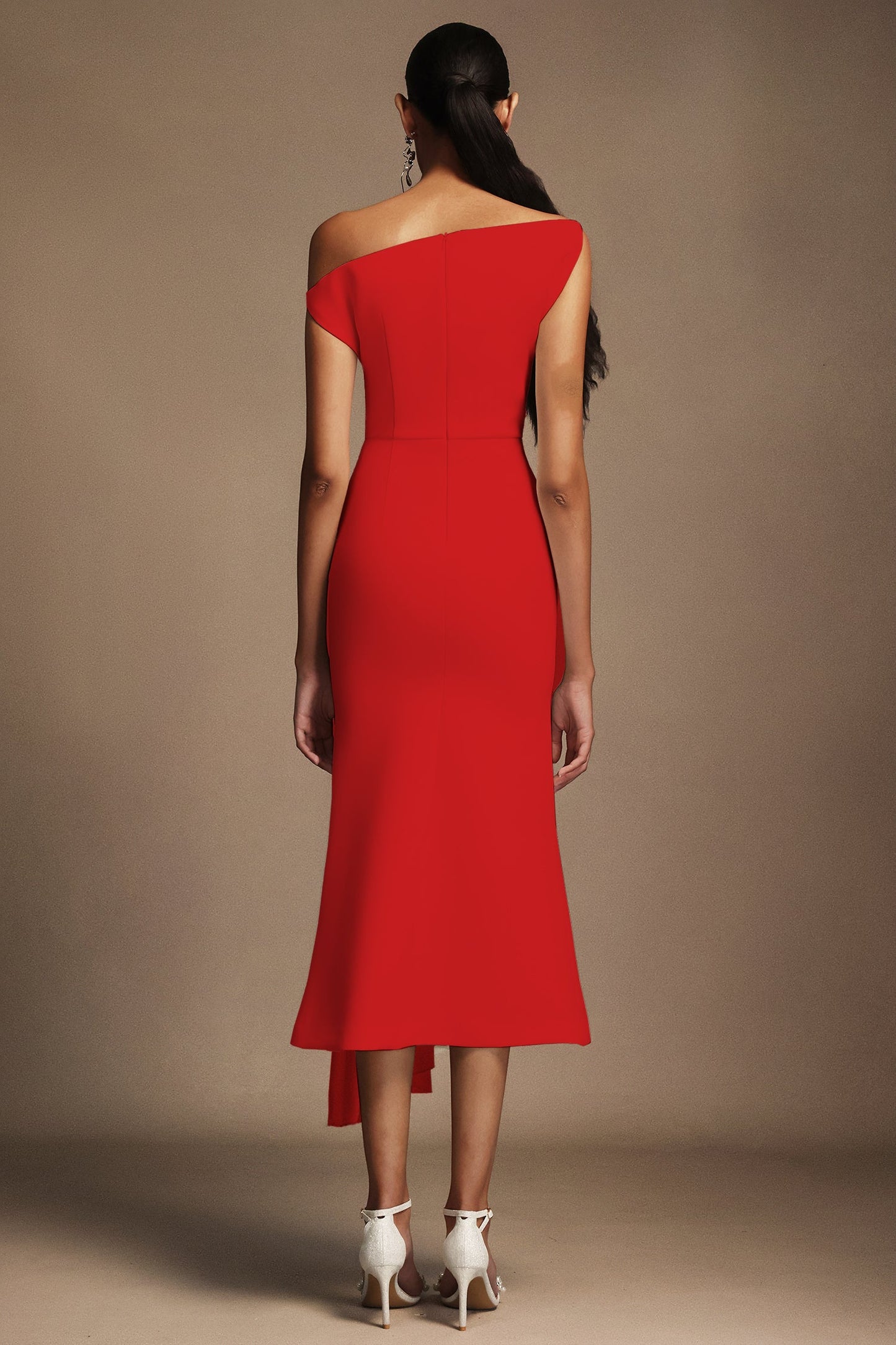 Paulina Oblique Omuz Kolsuz Kıvrımlı Midi Elbise  Kırmızı