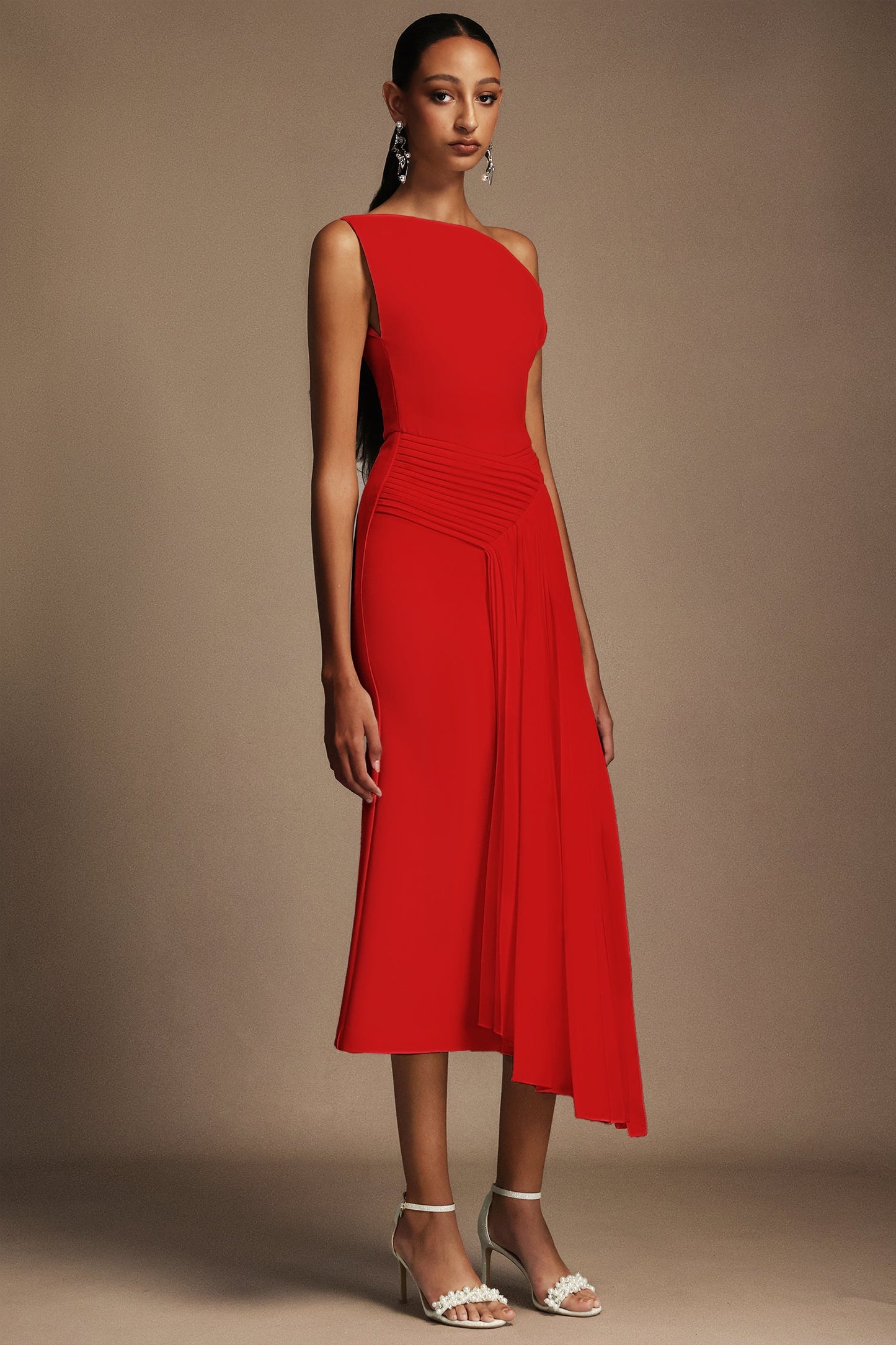 Paulina Oblique Omuz Kolsuz Kıvrımlı Midi Elbise  Mavi