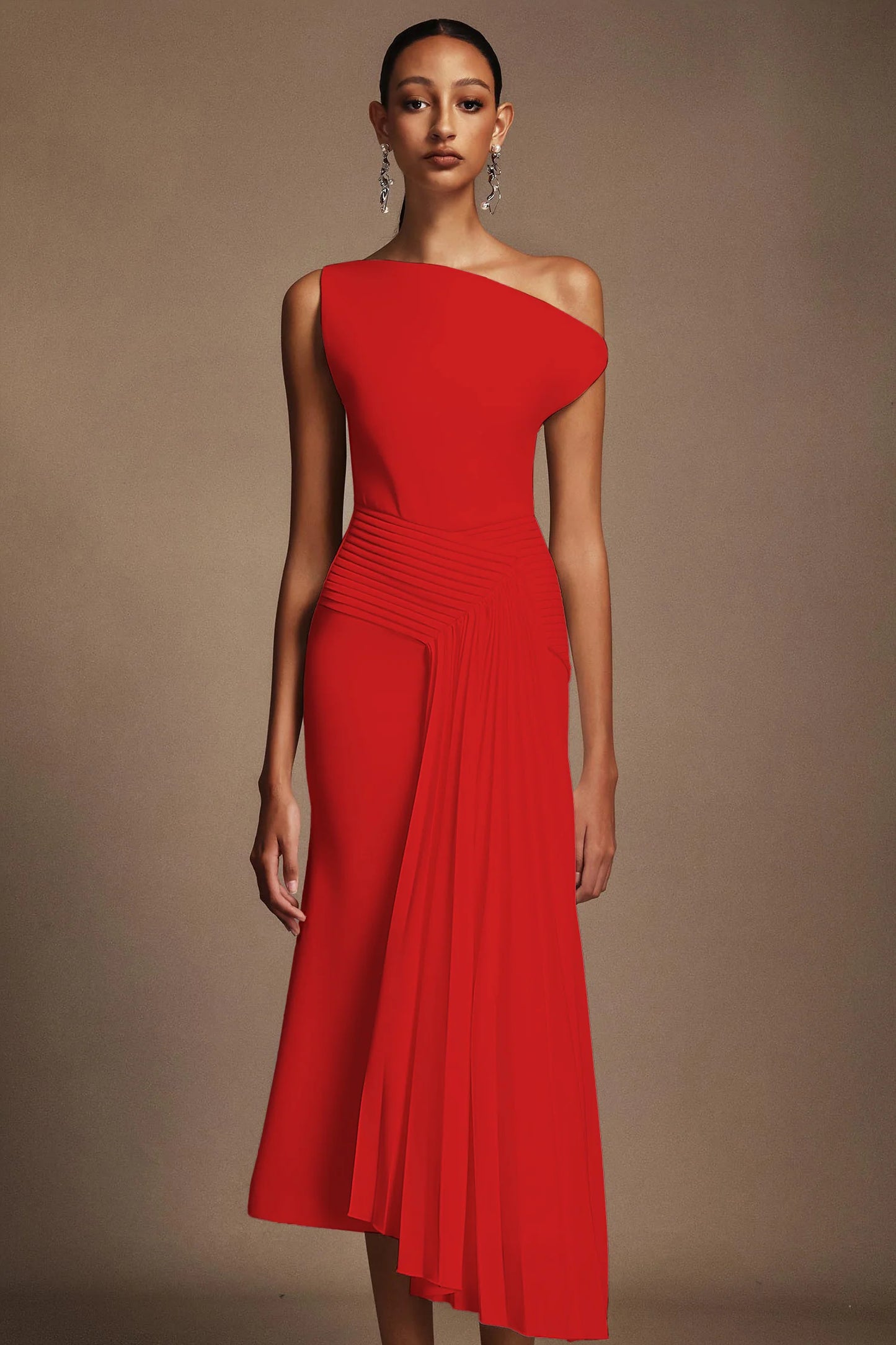 Paulina Oblique Omuz Kolsuz Kıvrımlı Midi Elbise  Kırmızı