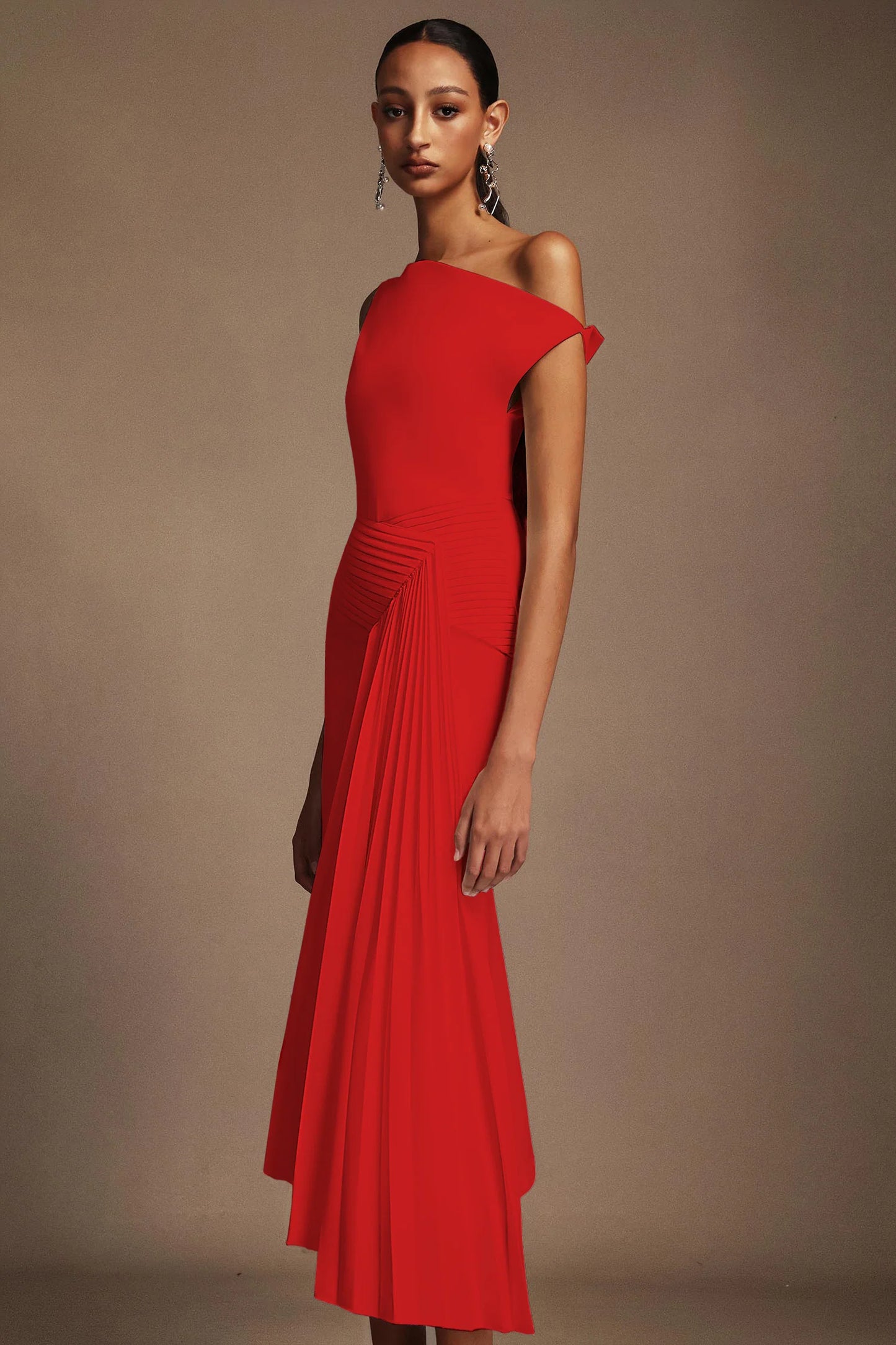 Paulina Oblique Omuz Kolsuz Kıvrımlı Midi Elbise  Kırmızı