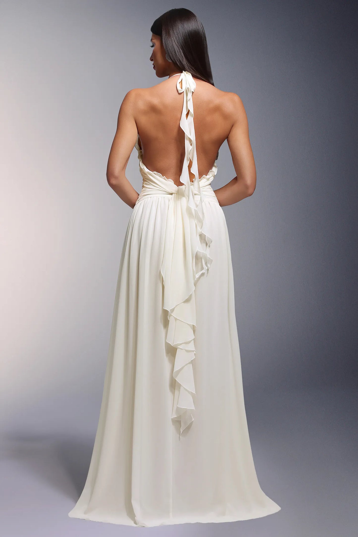 Ivy Yüksek Yırtmaçlı Derin V Askılı Çiçekli Uzun Elbise