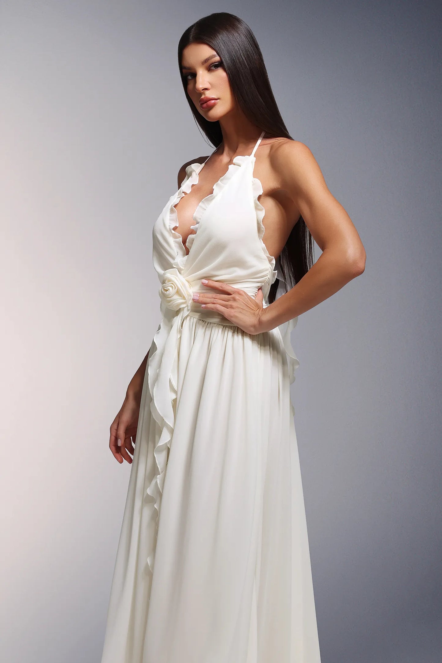 Ivy Yüksek Yırtmaçlı Derin V Askılı Çiçekli Uzun Elbise