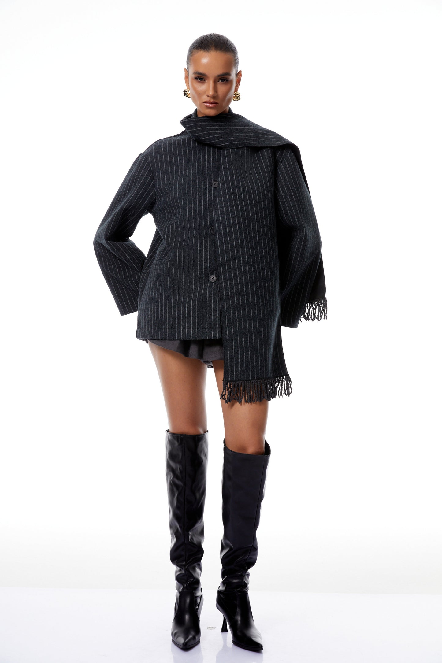 Carlotta Gri Eşarp Çizgili Tweed Kısa Palto