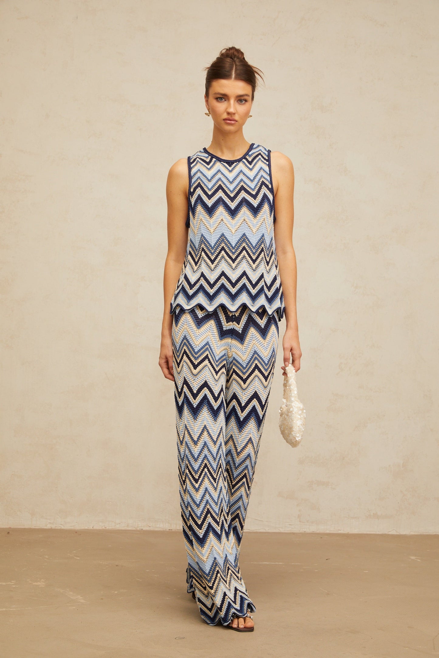 Irina mavi zikzak örgülü pointelle örgü üst ve pantolon takım