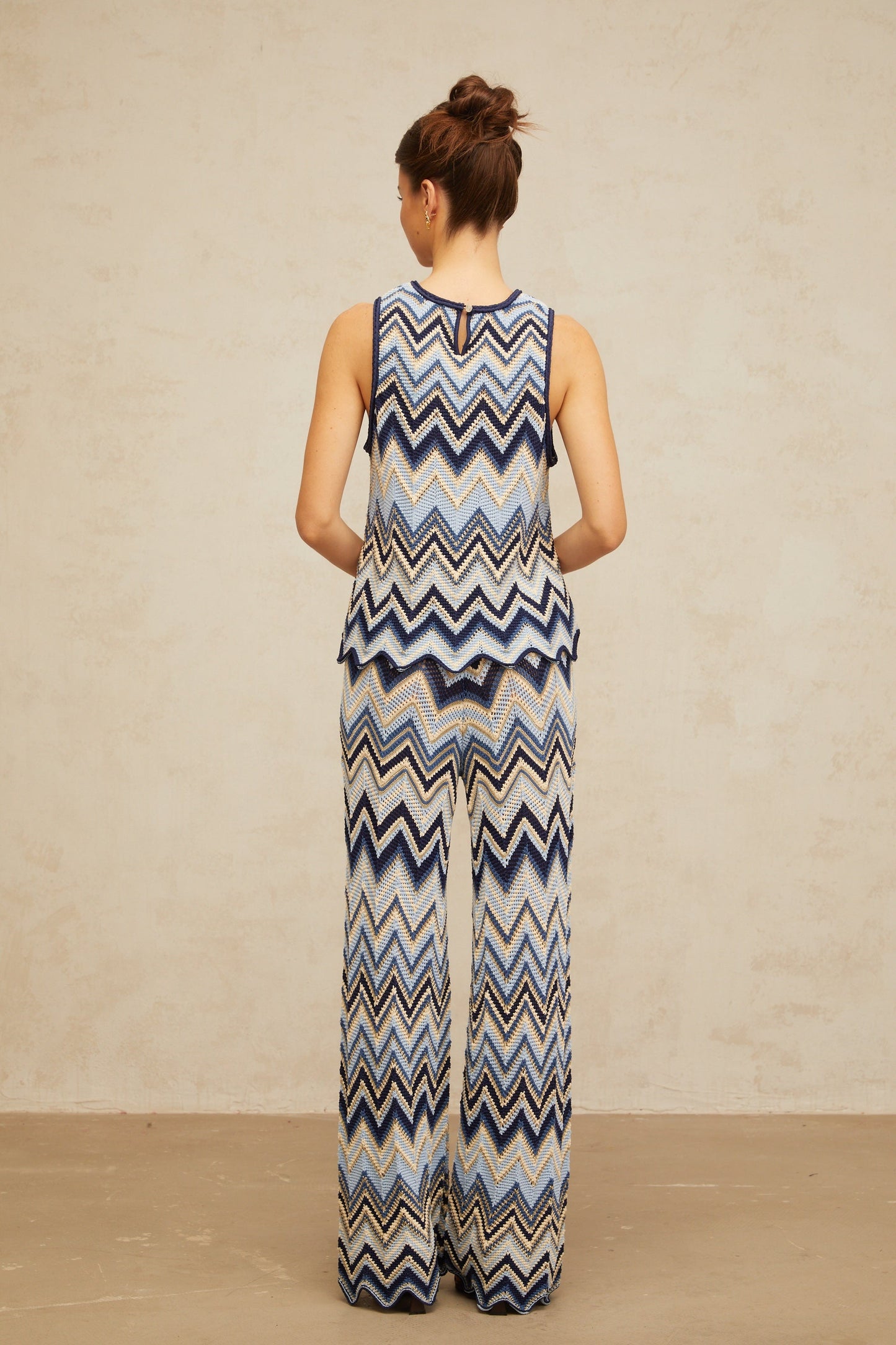 Irina mavi zikzak örgülü pointelle örgü üst ve pantolon takım