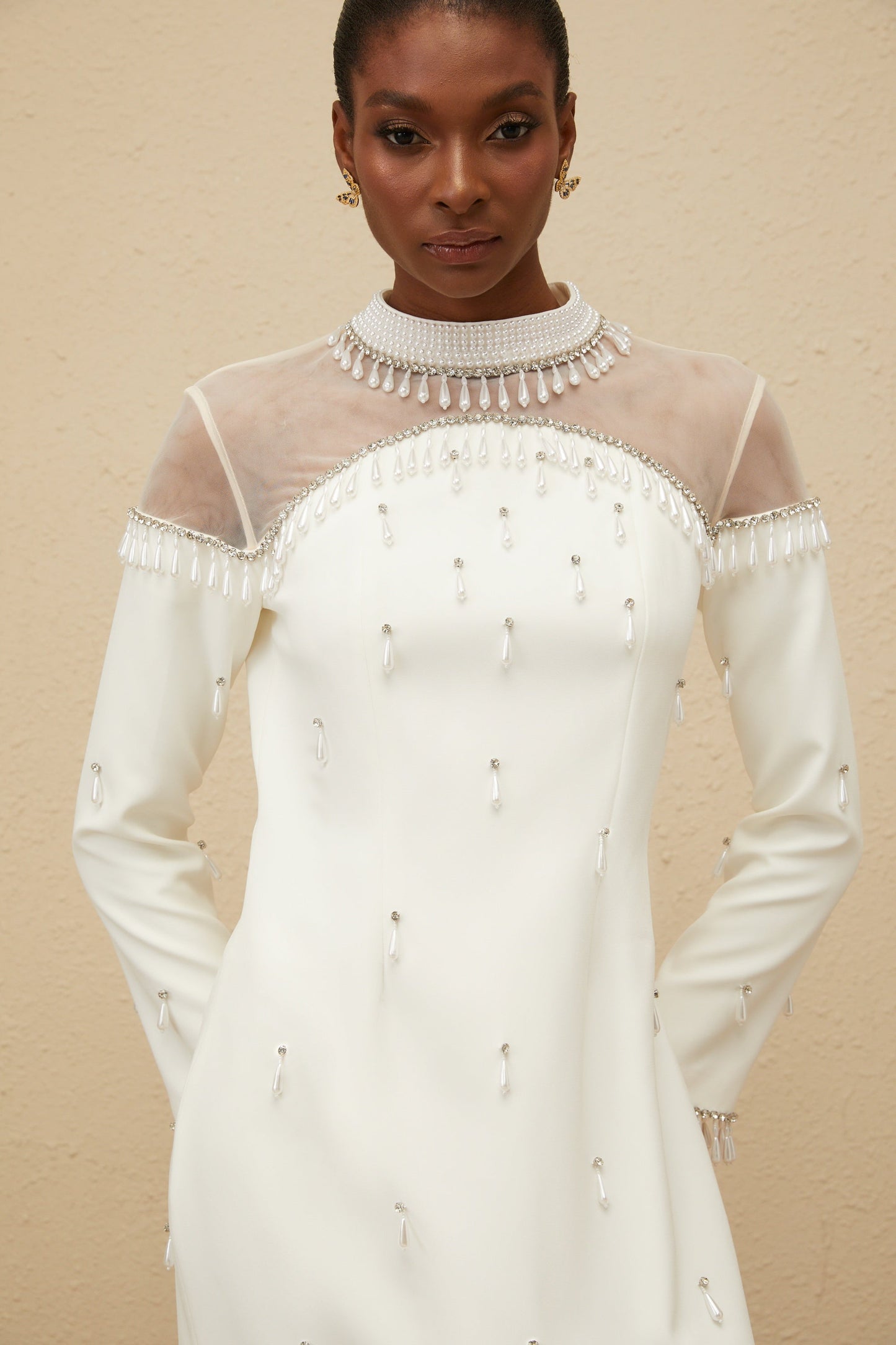 Céline Beyaz Süslemeli Uzun Abiye Elbise