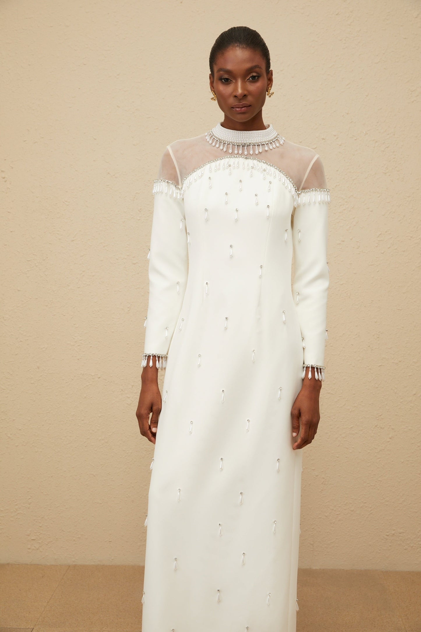 Céline Beyaz Süslemeli Uzun Abiye Elbise