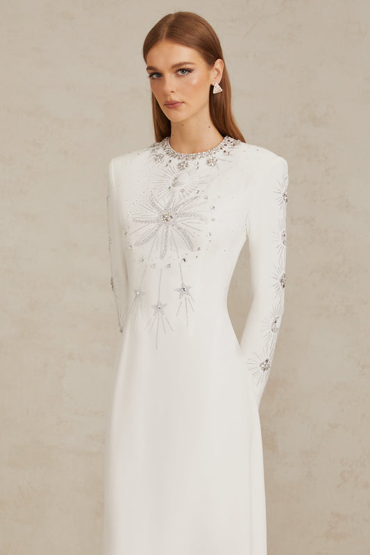 Aloïse Beyaz Süslemeli Uzun Elbise