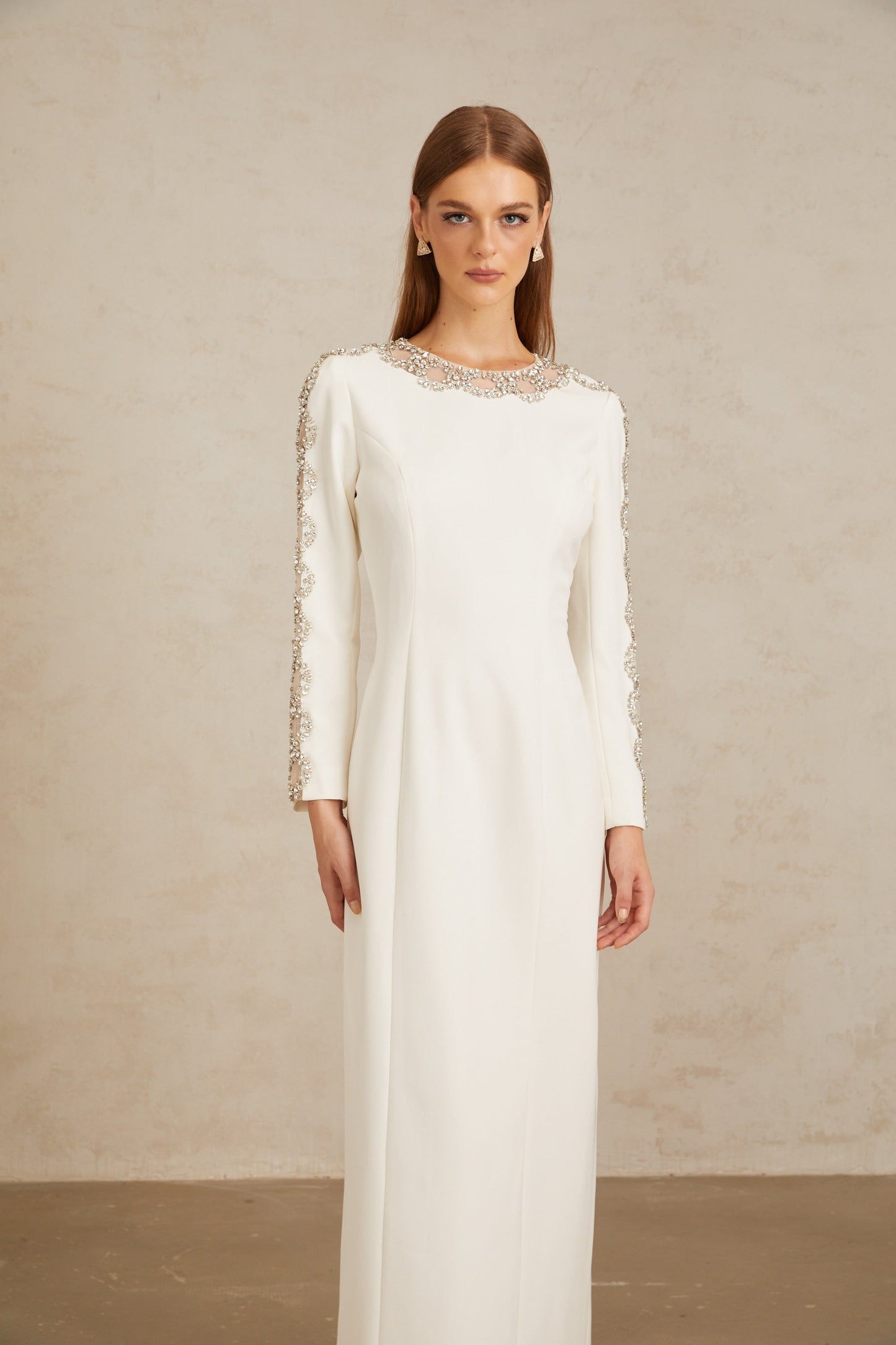 Freja Beyaz Kristal Süslemeli Uzun Elbise