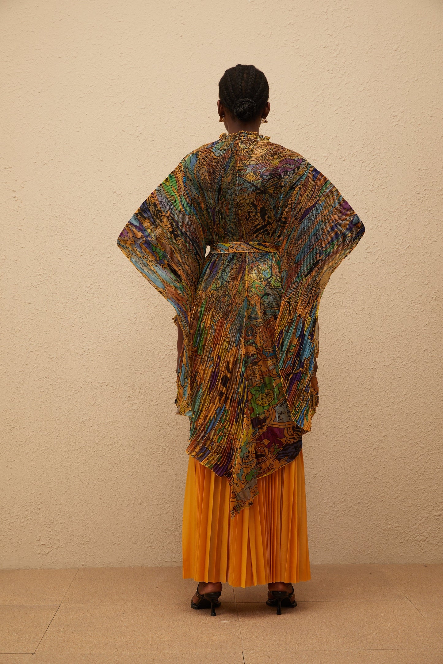 Mélodie Turuncu Desenli Baskılı Pileli Bluz ve Pantolon Takımı