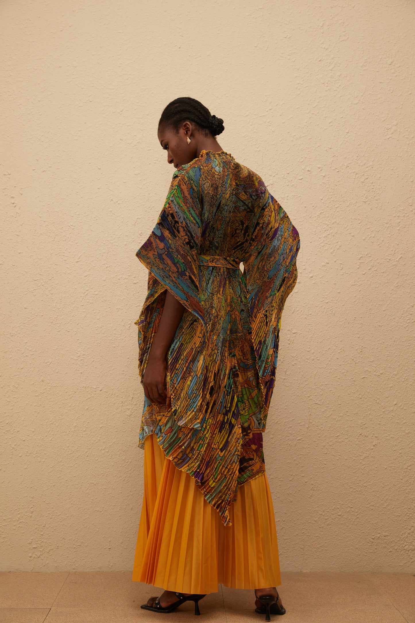 Mélodie Turuncu Desenli Baskılı Pileli Bluz ve Pantolon Takımı