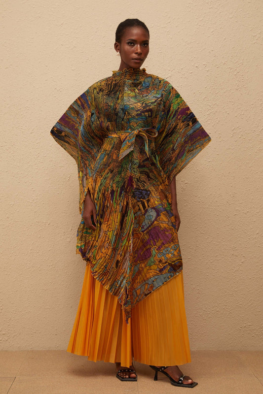 Mélodie Turuncu Desenli Baskılı Pileli Bluz ve Pantolon Takımı