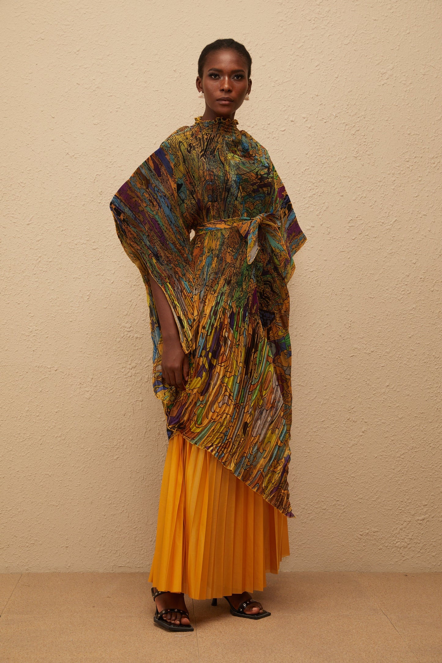 Mélodie Turuncu Desenli Baskılı Pileli Bluz ve Pantolon Takımı