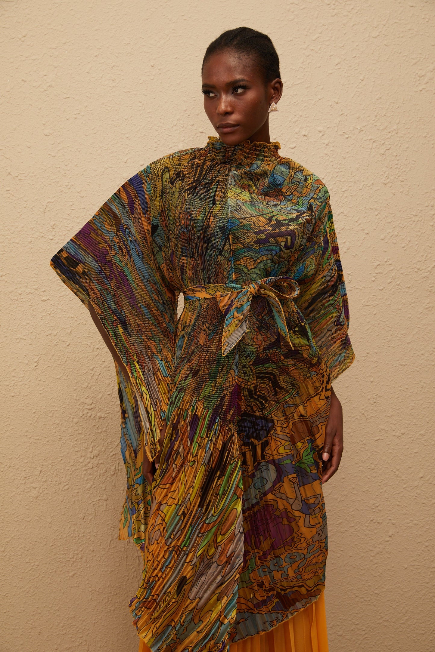 Mélodie Turuncu Desenli Baskılı Pileli Bluz ve Pantolon Takımı