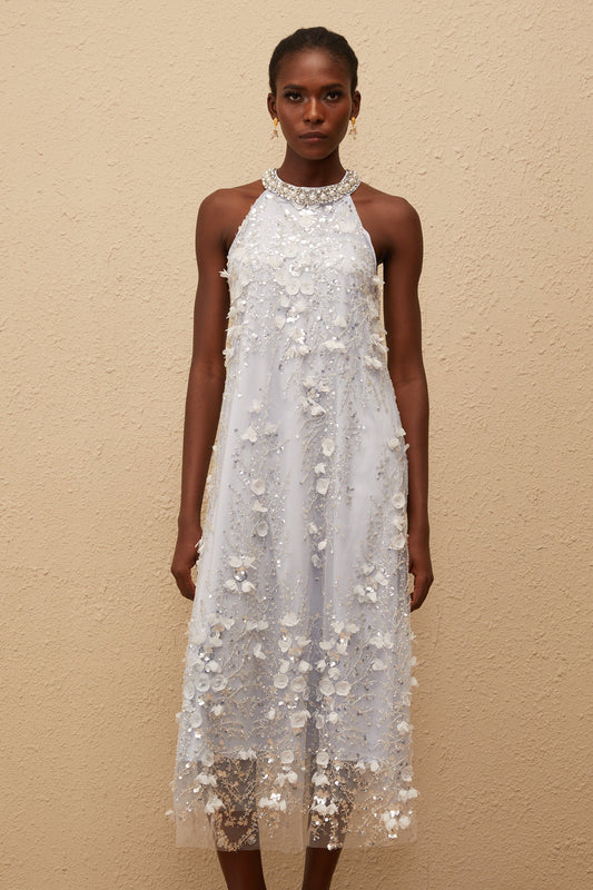 Quitterie Mavi Süslemeli Çiçekli Tül Midi Elbise