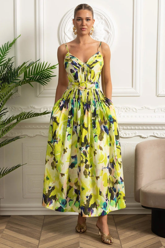 Pileli Göğüslü, Kemerli ve İnce Askılı Midi Elbise - Sarı