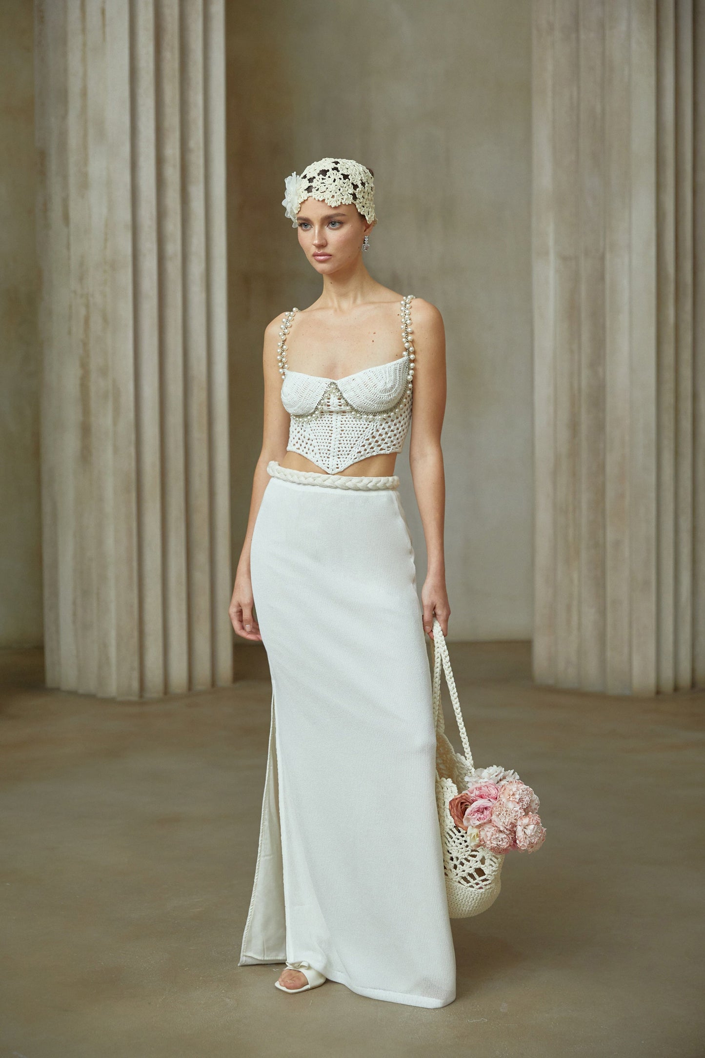 Prunelle Tığ Örgü İki Parça Üst ve Etek Takımı