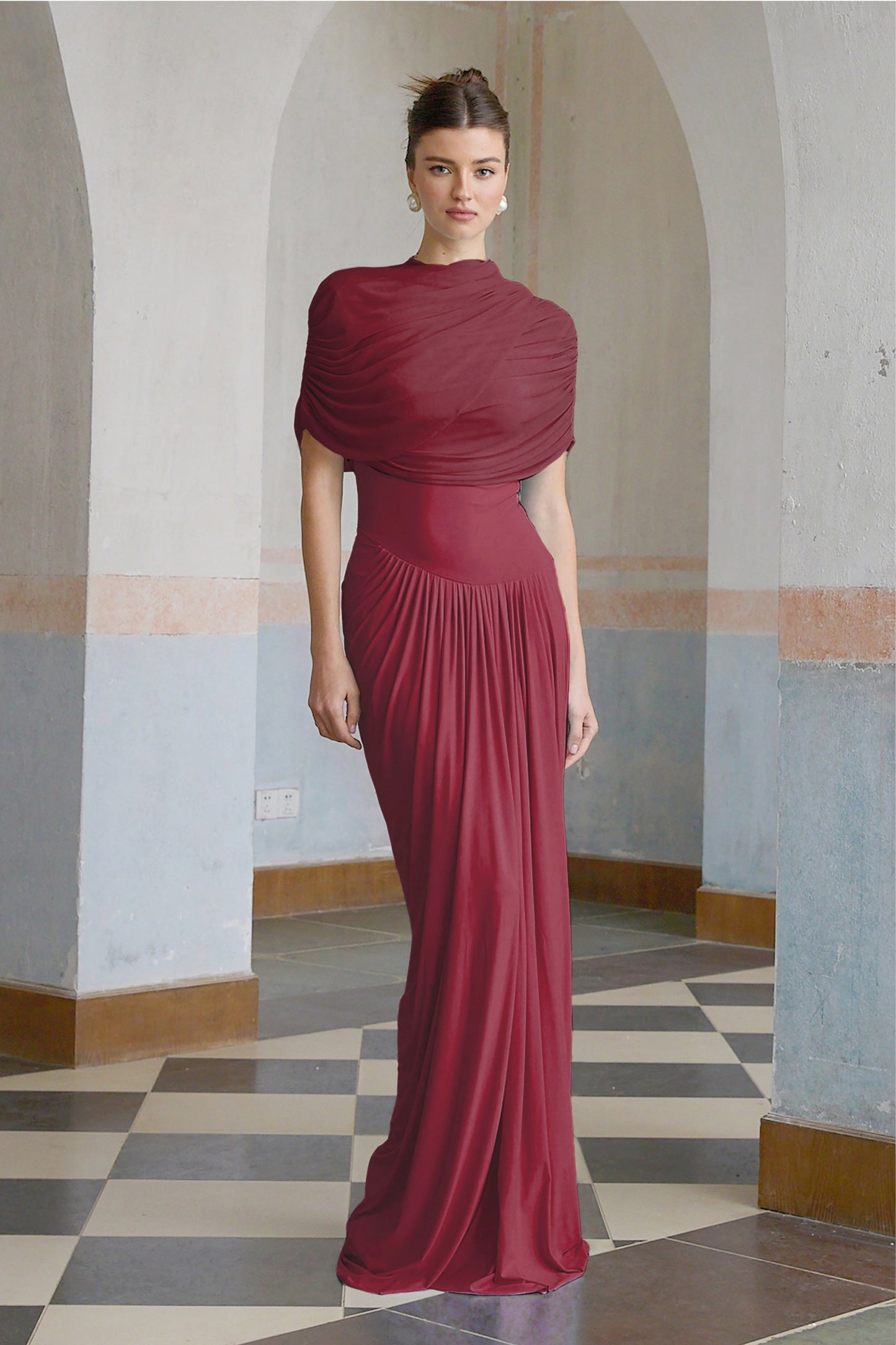 Arina Asimetrik Pileli Maksi Elbise Bordo