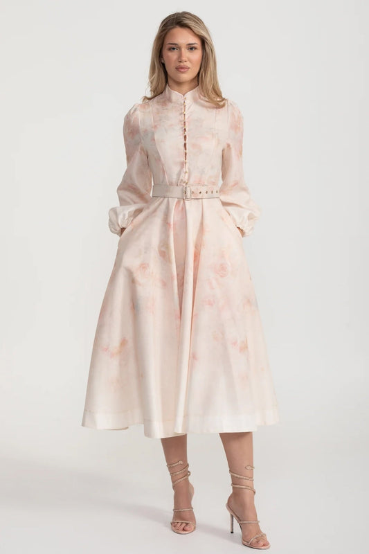 Suluboya Çiçekli Kemerli Midi Elbise Mandarin Yakalı