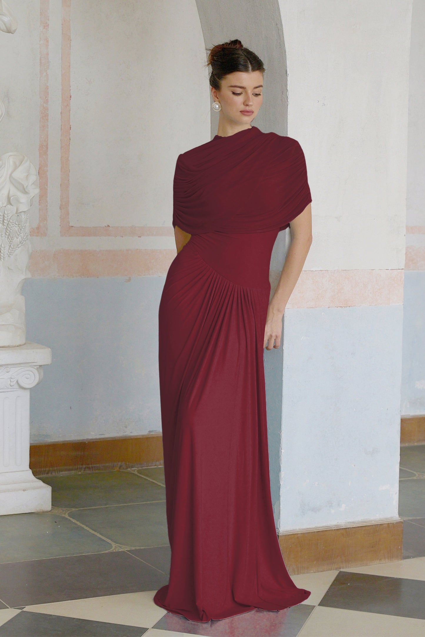 Arina Asimetrik Pileli Maksi Elbise Bordo